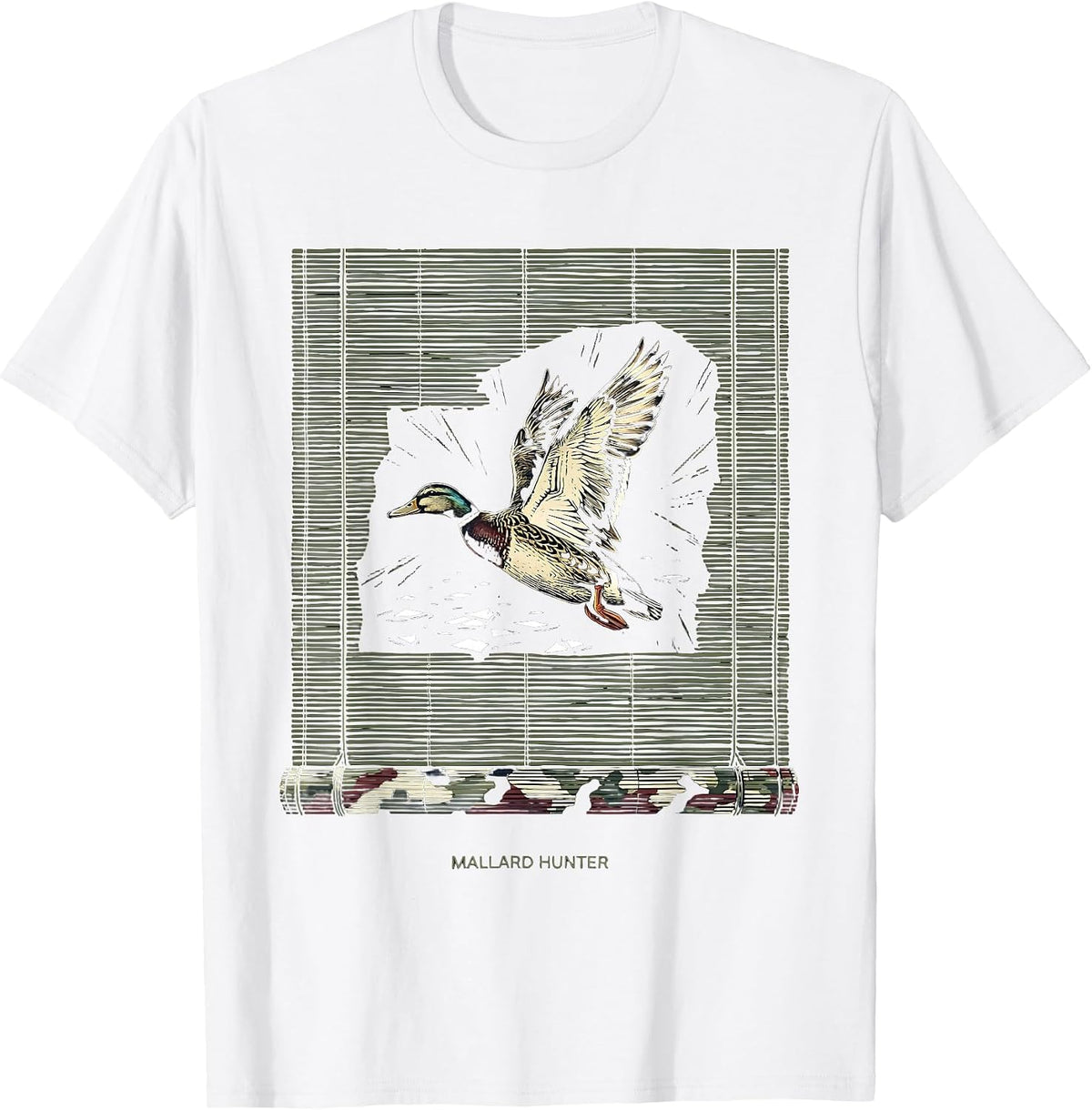 Men's Mallard Hunter Linocut Duck Hunting Camo Patriotic Gift T-Shirt - White