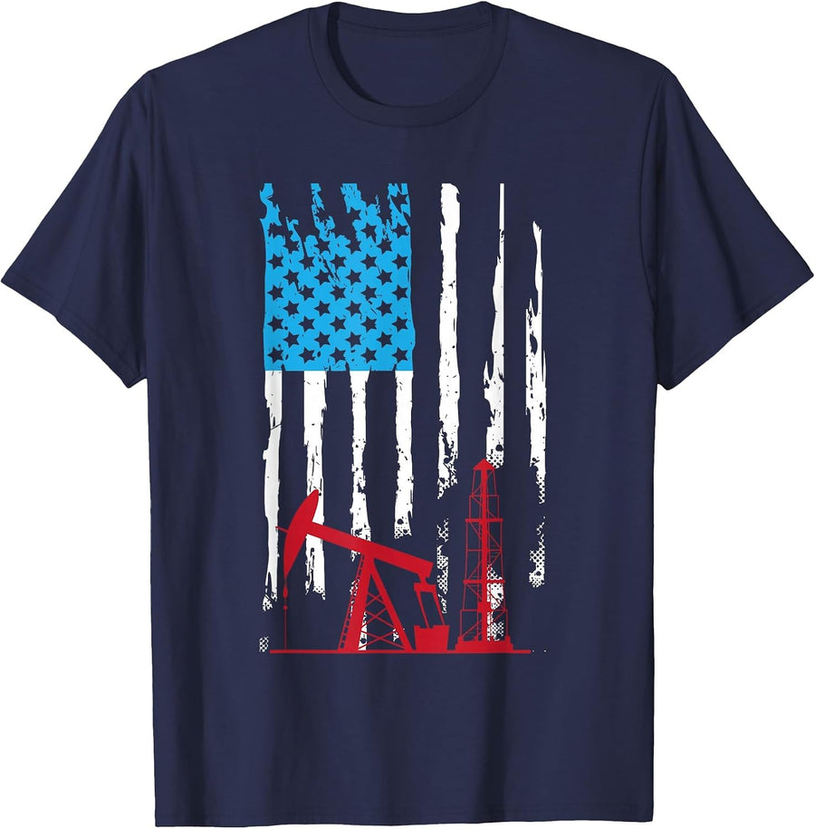 Patriotic Oilfield Worker Oilman Oil Rig Drilling US Flag T-Shirt - Navy Blue