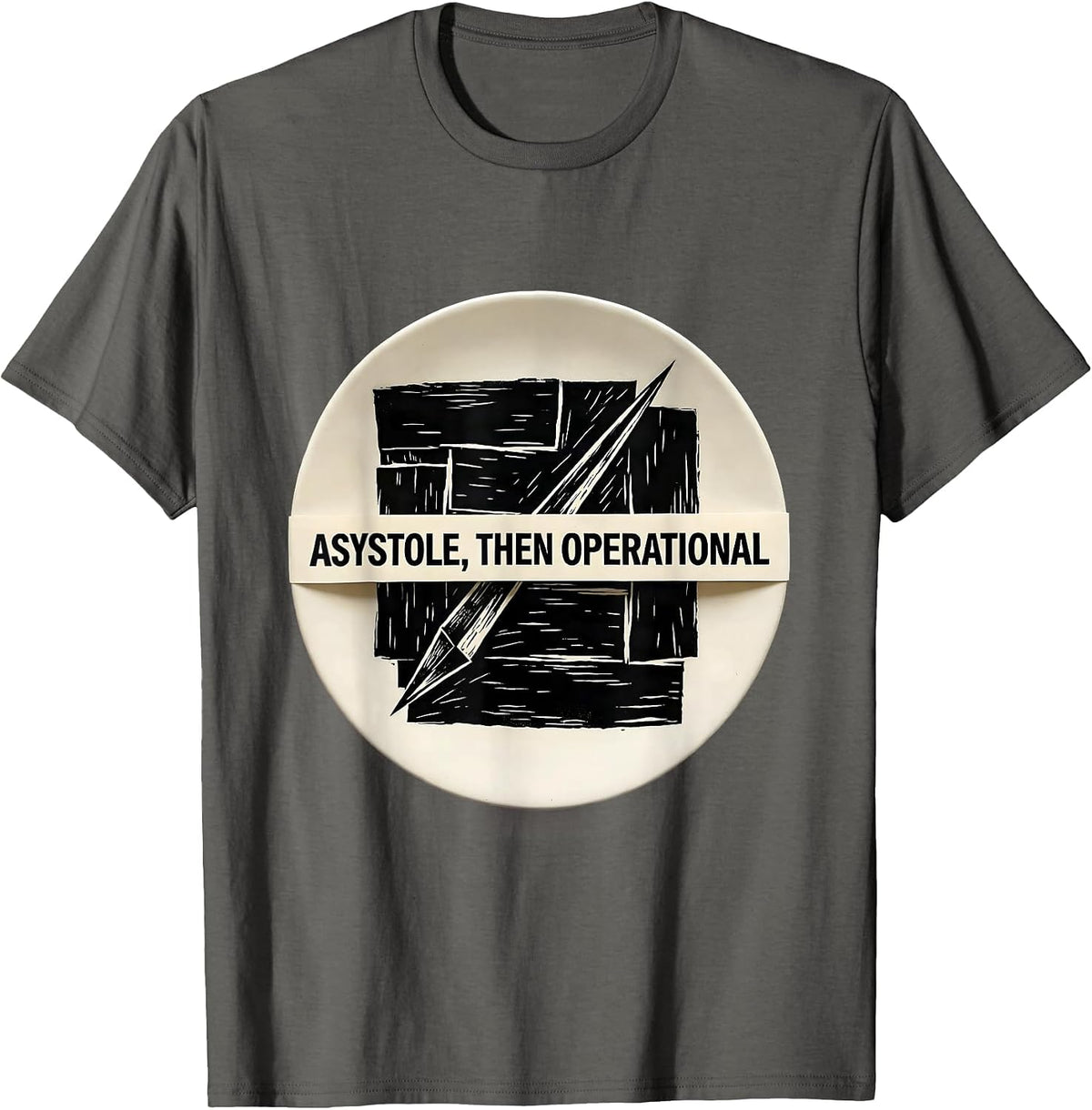 Men's Asystole, Then Operational Linocut Cardiology Humor T-Shirt - Asphalt Grey