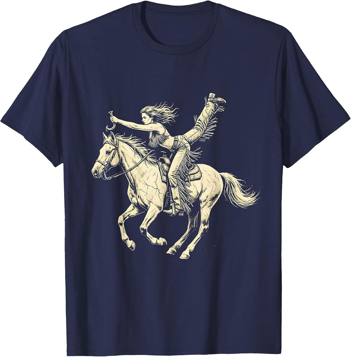 Trick Riding Cowboy Chaps Horse Illustration T-Shirt - Navy Blue