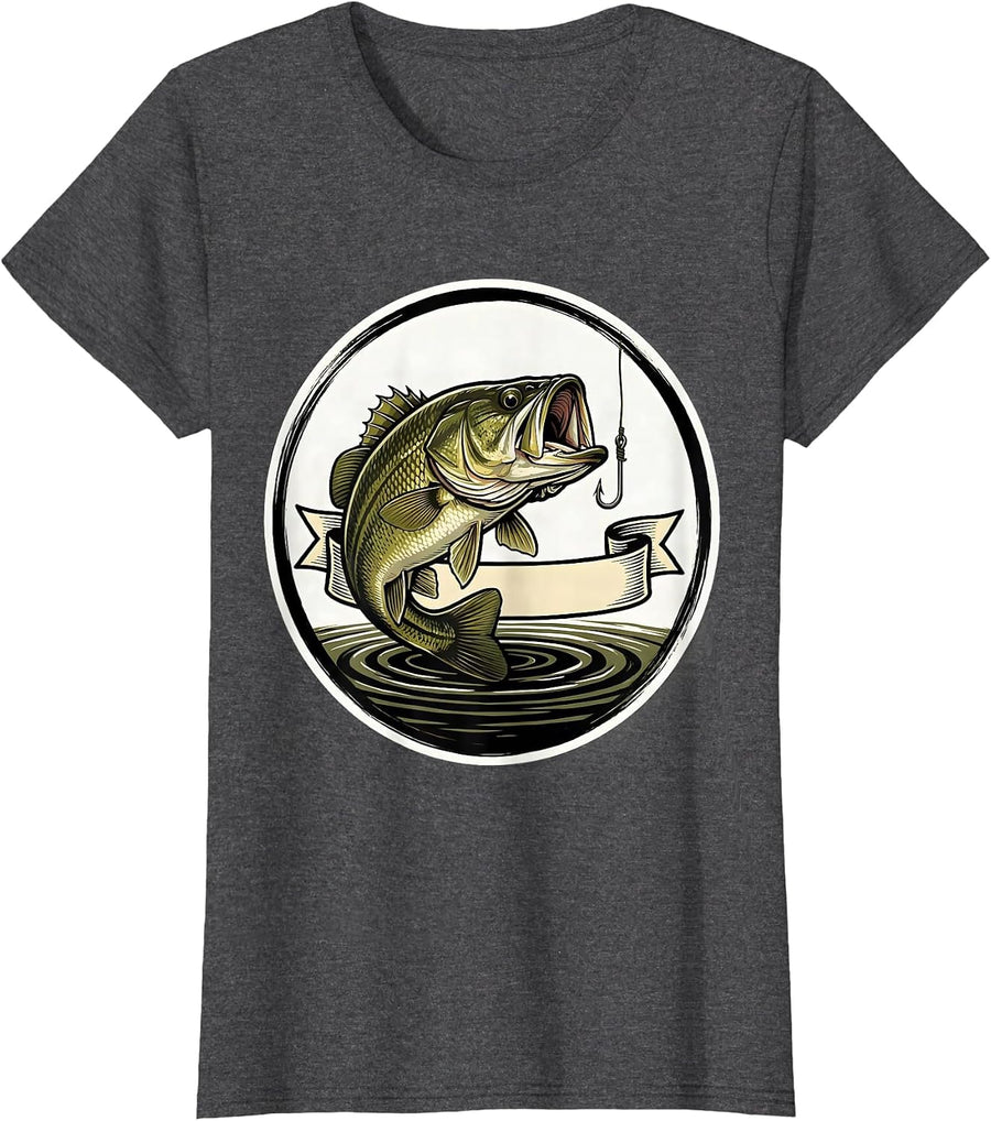 Women's Bass Hook Humor Sign Painter Showcard Father's Day T-Shirt - Dark Heather Grey