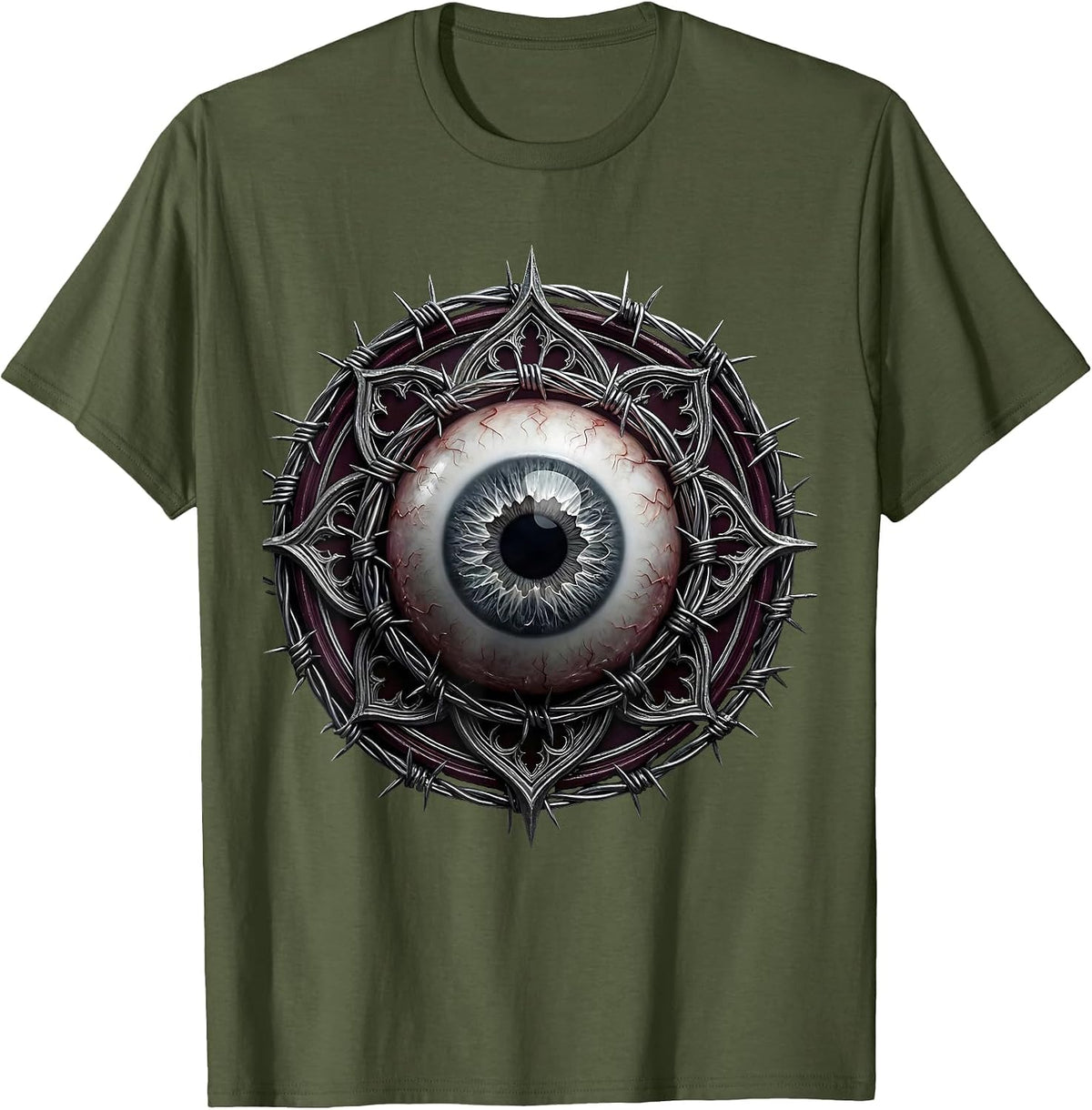 Grunge Eyeball Barbed Wire Halo Dark Art T-Shirt - Olive Green