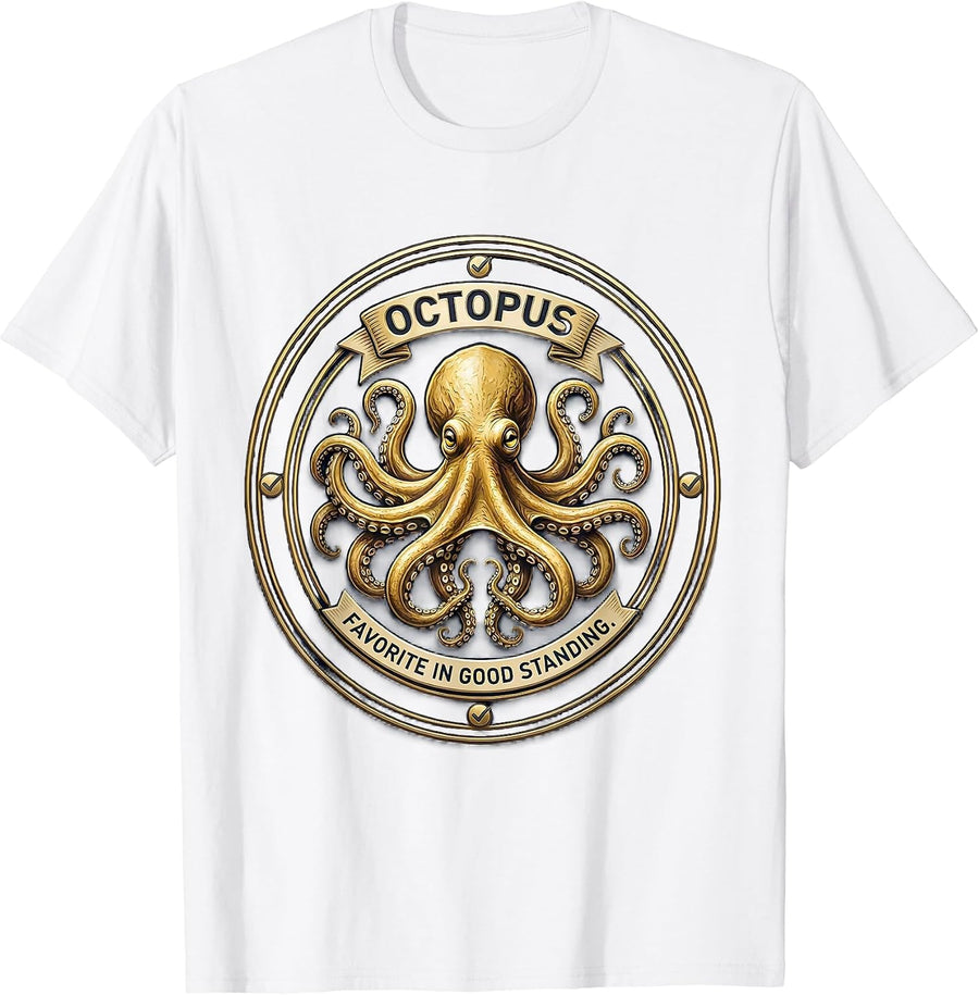 Men's Octopus Favorite In Good Standing Vintage Emblem Ocean T-Shirt - White