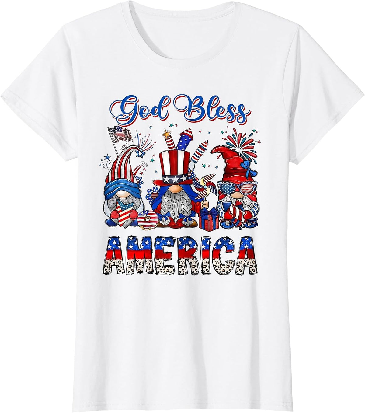 God Bless America Gnomes American Flag 4th of July Patriotic T-Shirt - White