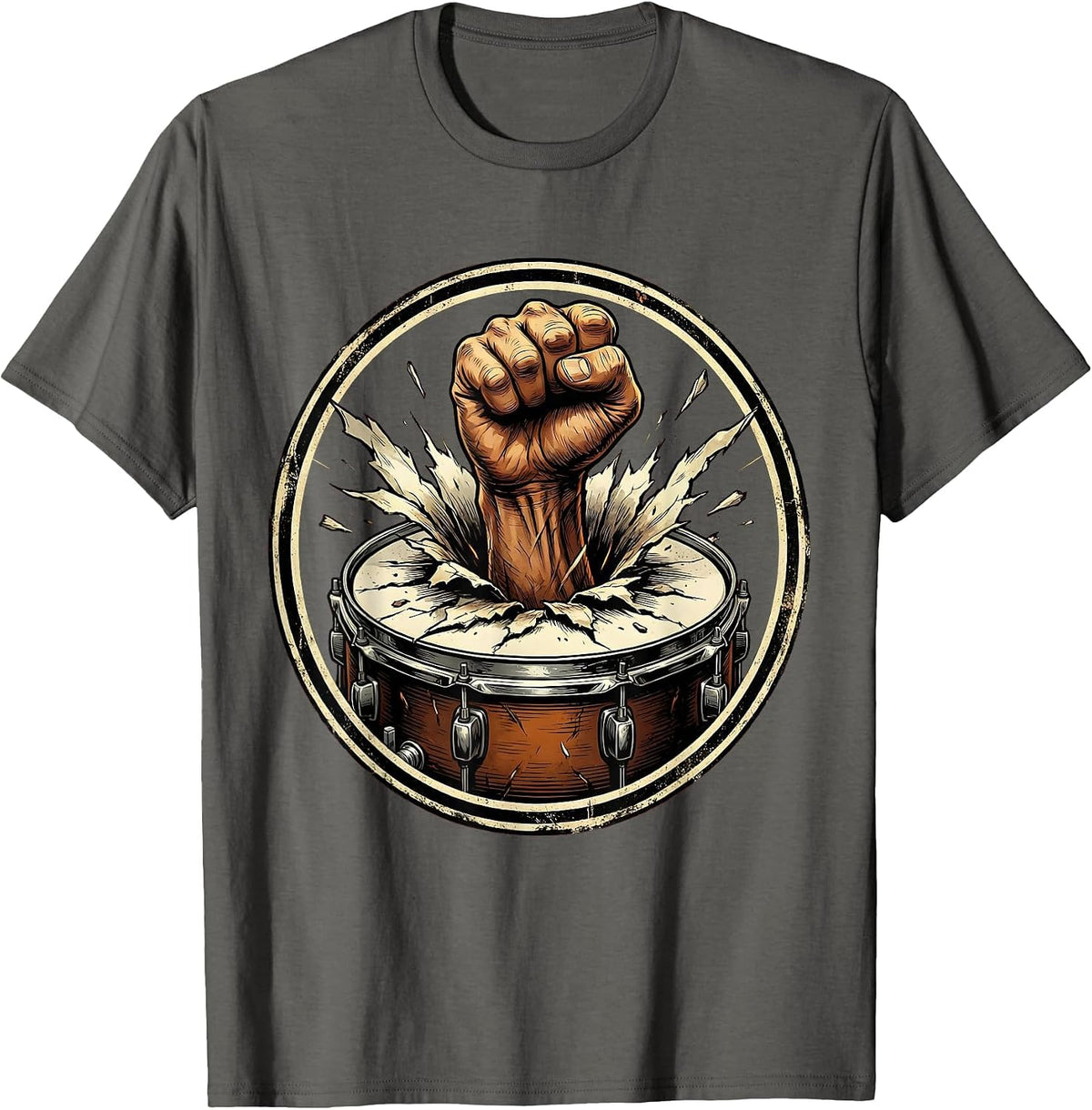 Fist Through Bass Drum Rock Band Graphic T-Shirt - Asphalt Grey