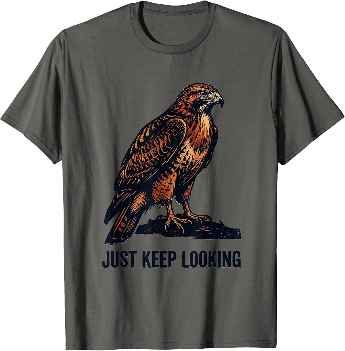 Just Keep Looking Birdwatcher Linocut Bird ID Humor T-Shirt - Asphalt Grey