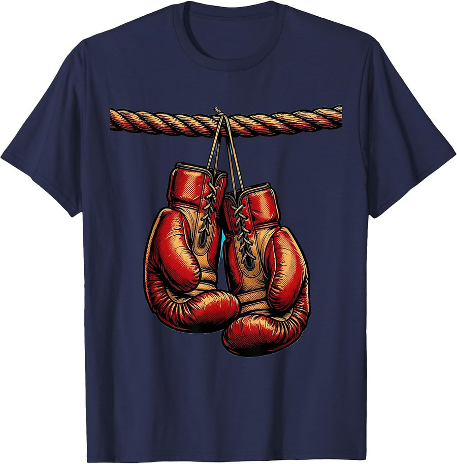 Worn Boxing Gloves Hanging on Rope Graphic T-Shirt - Navy Blue