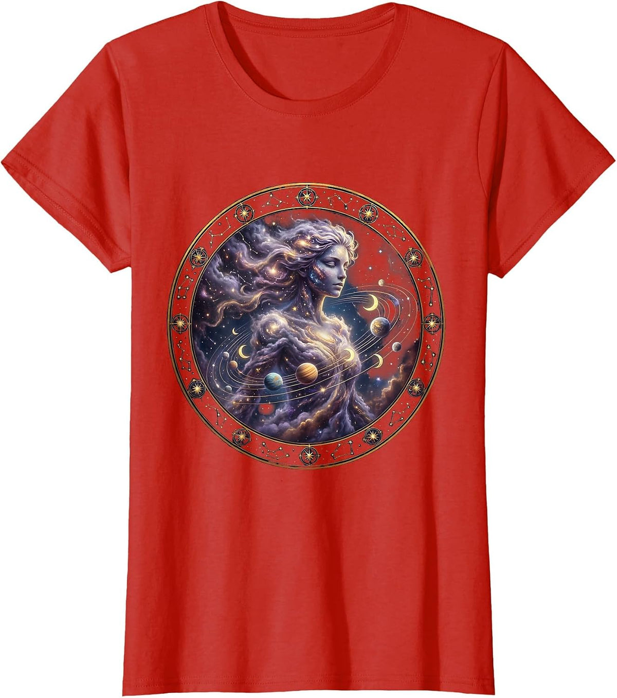 Virgo Celestial Woman Planets Astrology Design T-Shirt - Red