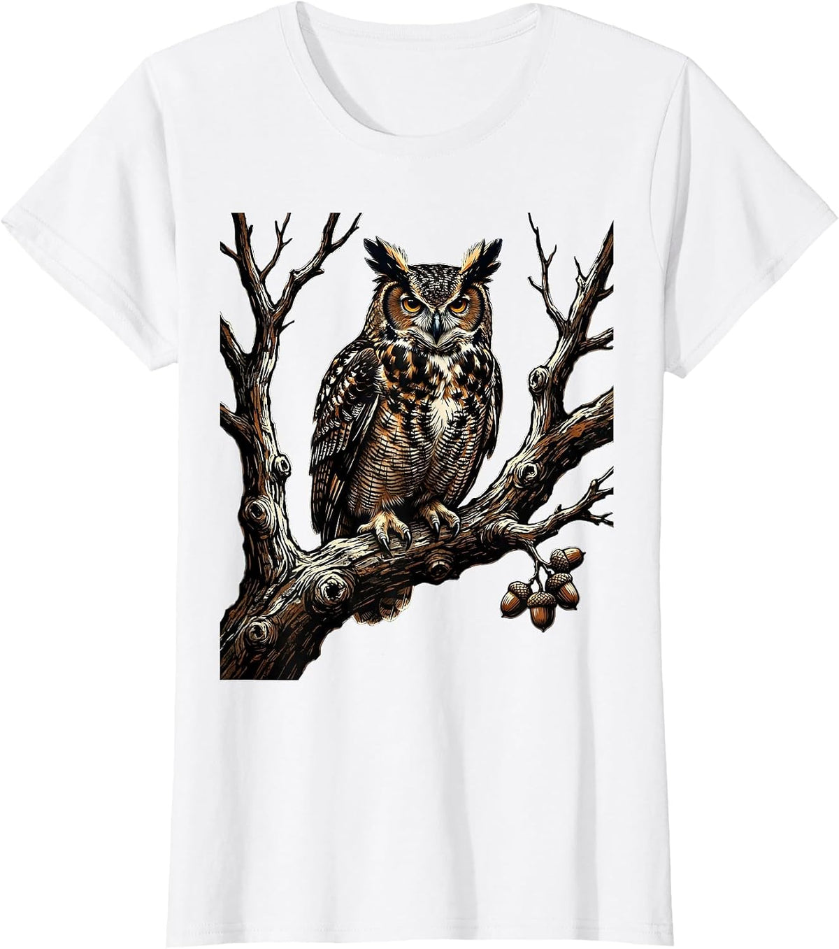 Women's Owl on Bare Oak Branch Fall Nature Illustration T-Shirt - White