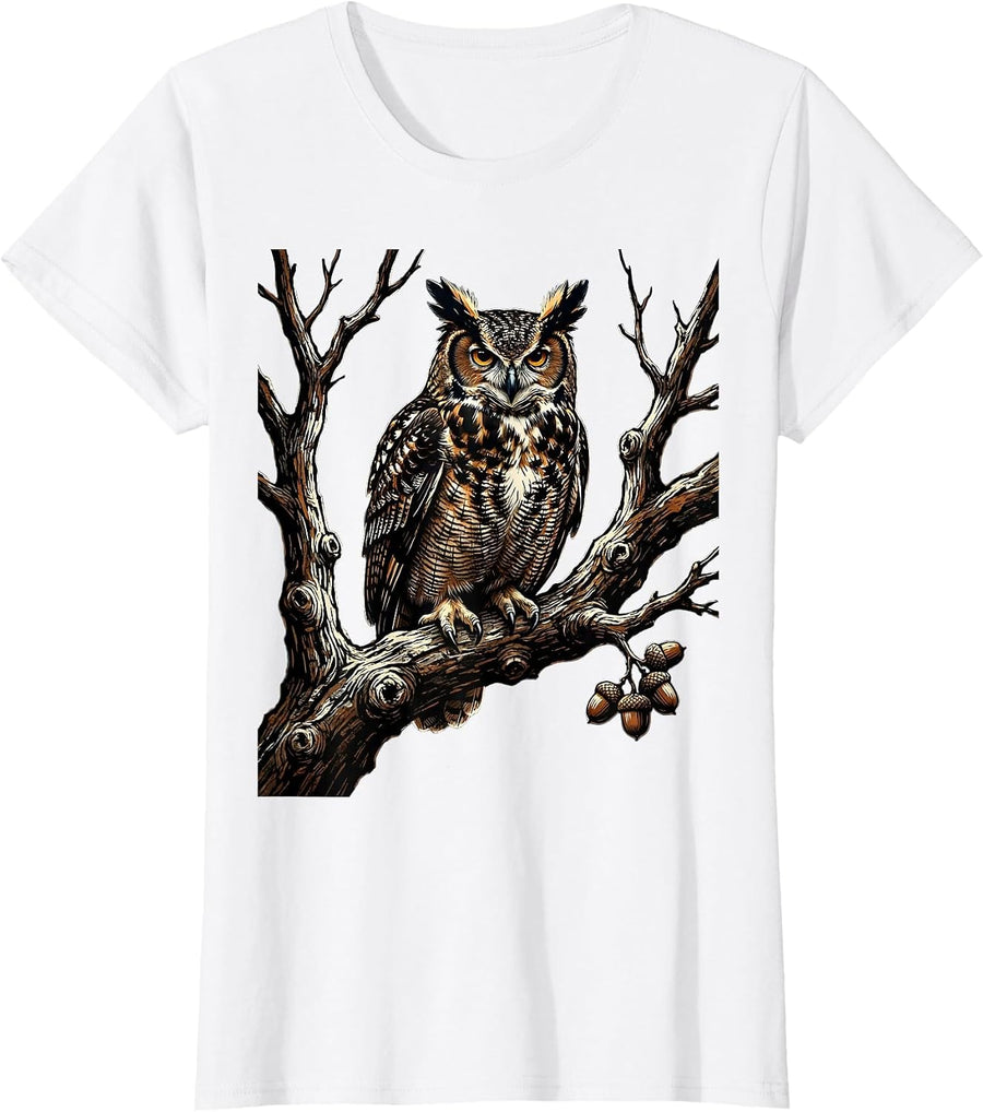 Women's Owl on Bare Oak Branch Fall Nature Illustration T-Shirt - White