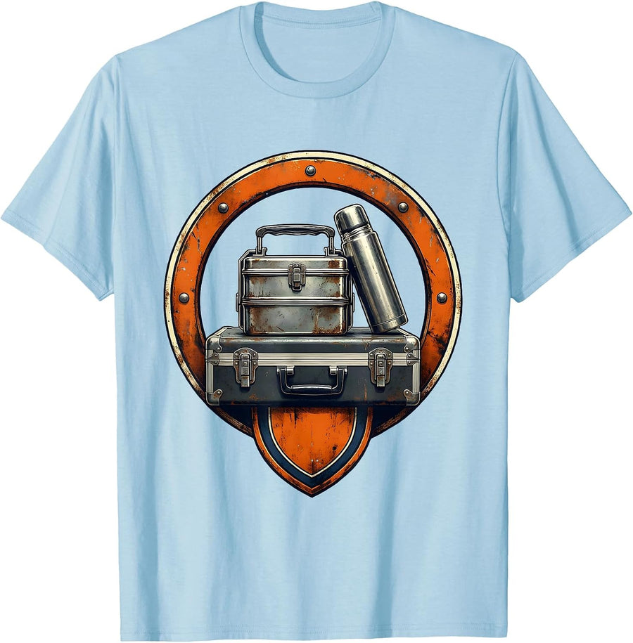Men's Rusted Lunchbox and Thermos on Toolbox Graphic T-Shirt - Baby Blue