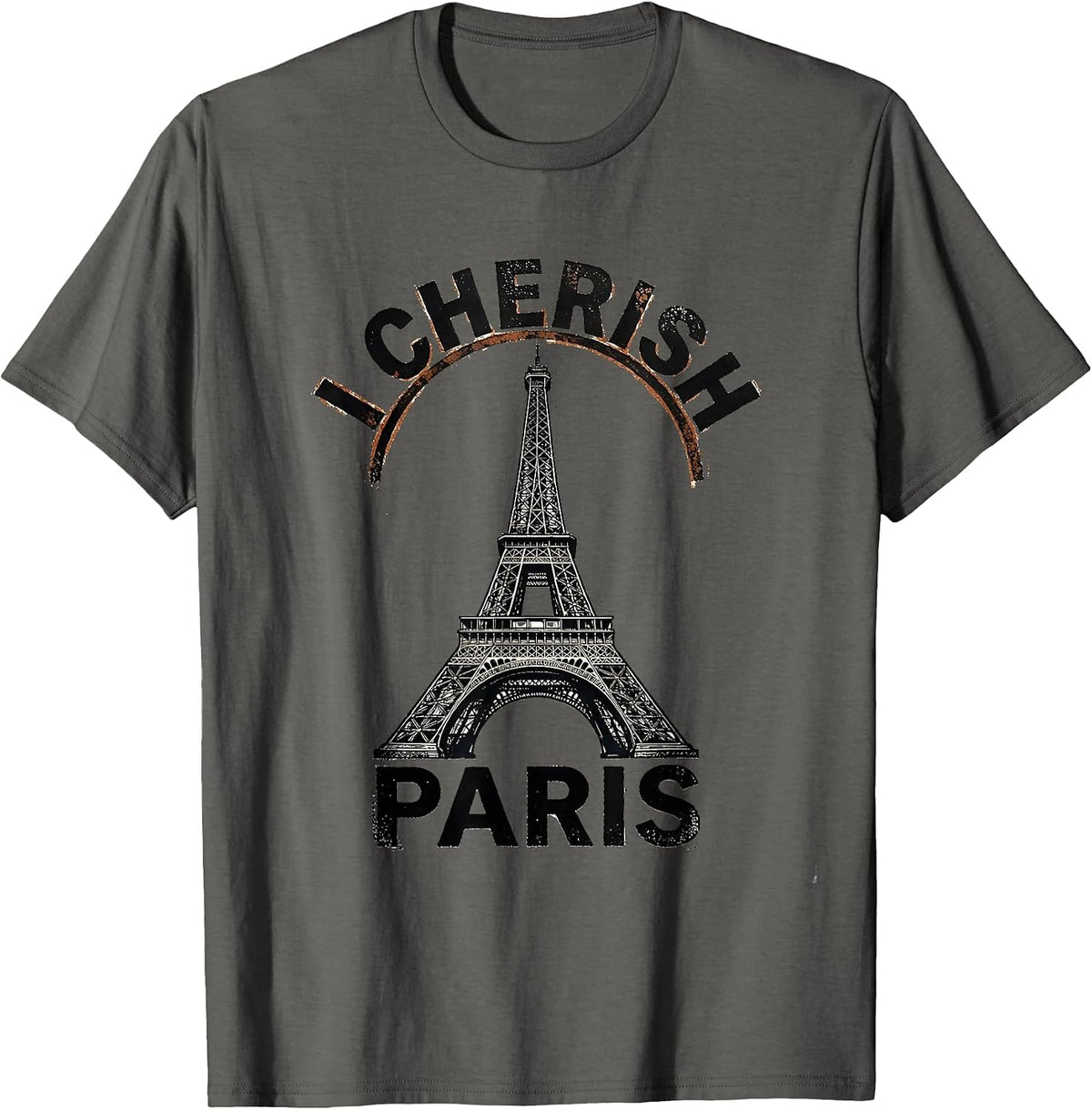 I Cherish Paris Rubber Stamp Eiffel Tower Travel Souvenir T-Shirt - Asphalt Grey