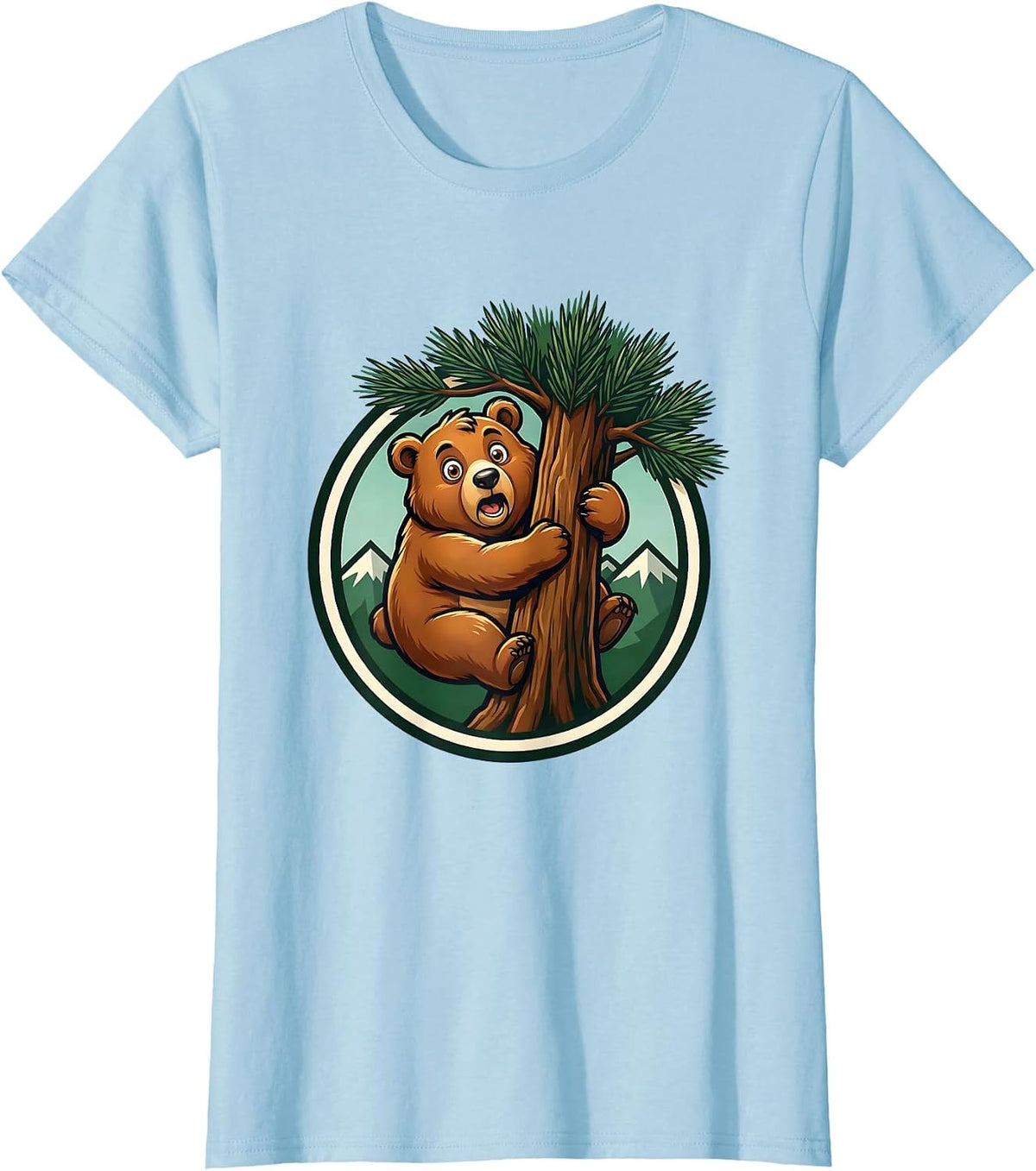 Bear Cub Climbing Pine Tree Nature Illustration T-Shirt - Baby Blue