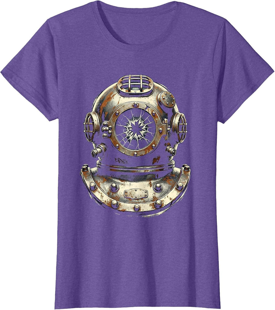 Vintage Diving Helmet Cracked Glass Nautical Art T-Shirt - Purple Heather
