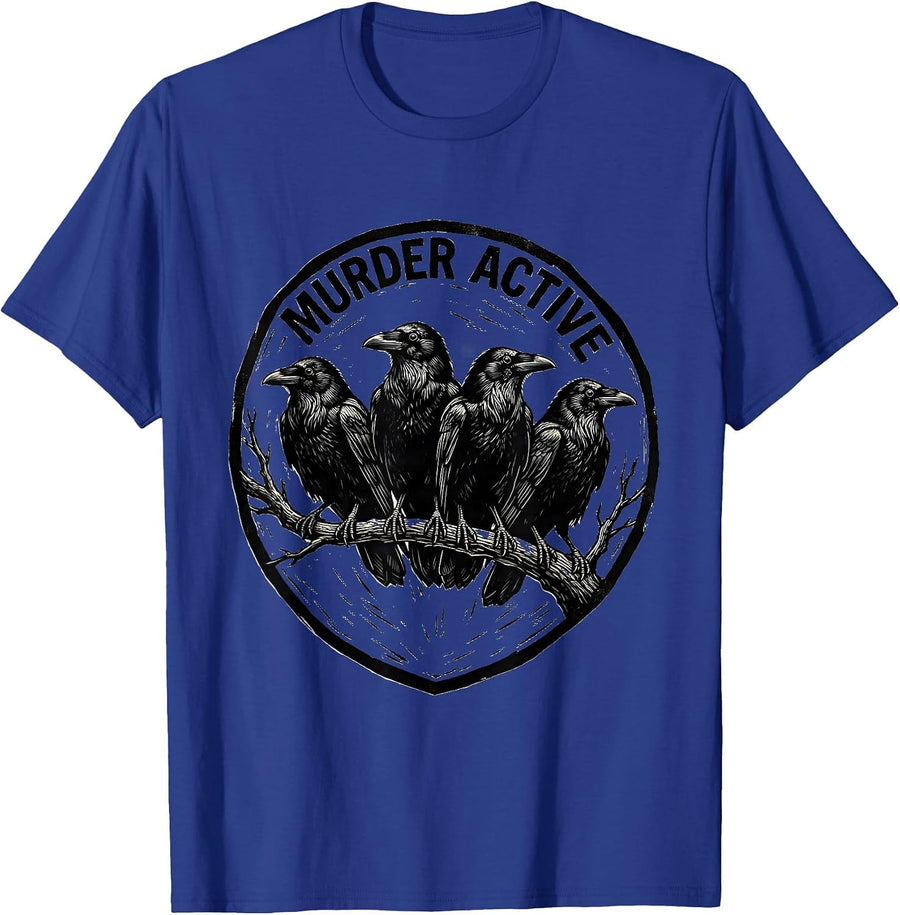 MURDER ACTIVE Linocut Dark Humor Crow Bird Lover Gothic T-Shirt - Royal Blue