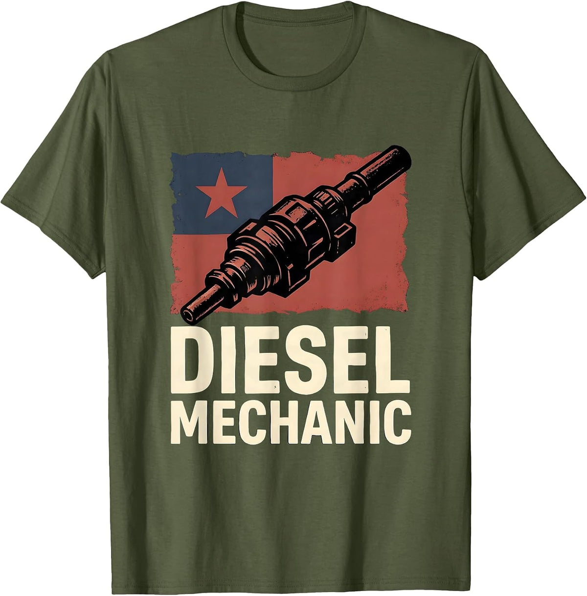 Men's Diesel Mechanic Stencil Graphic Patriotic American Flag T-Shirt - Olive Green