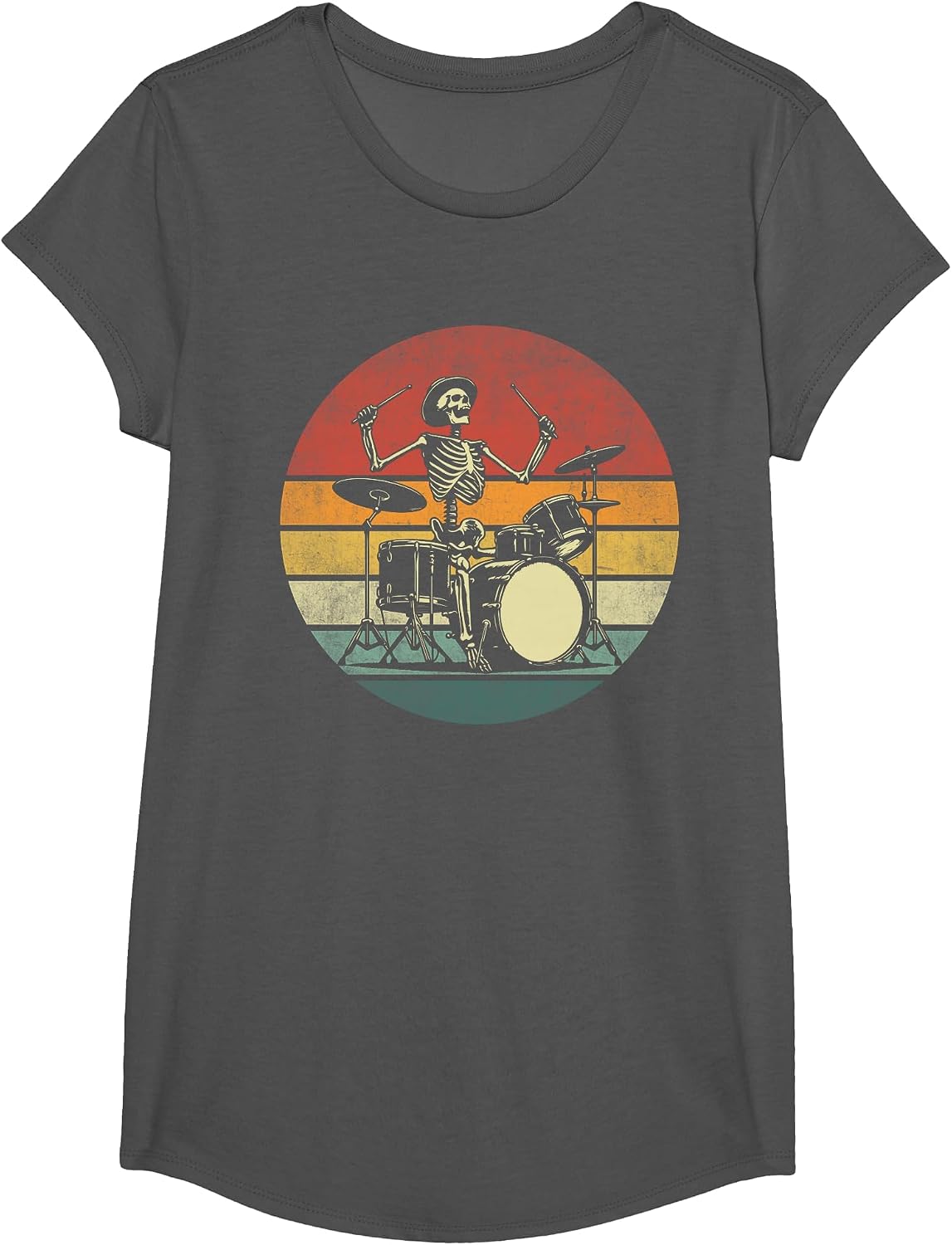 Retro Drummer Rock Skeleton Drummer Skeleton Playing Drum T-Shirt - Girls Asphalt Grey