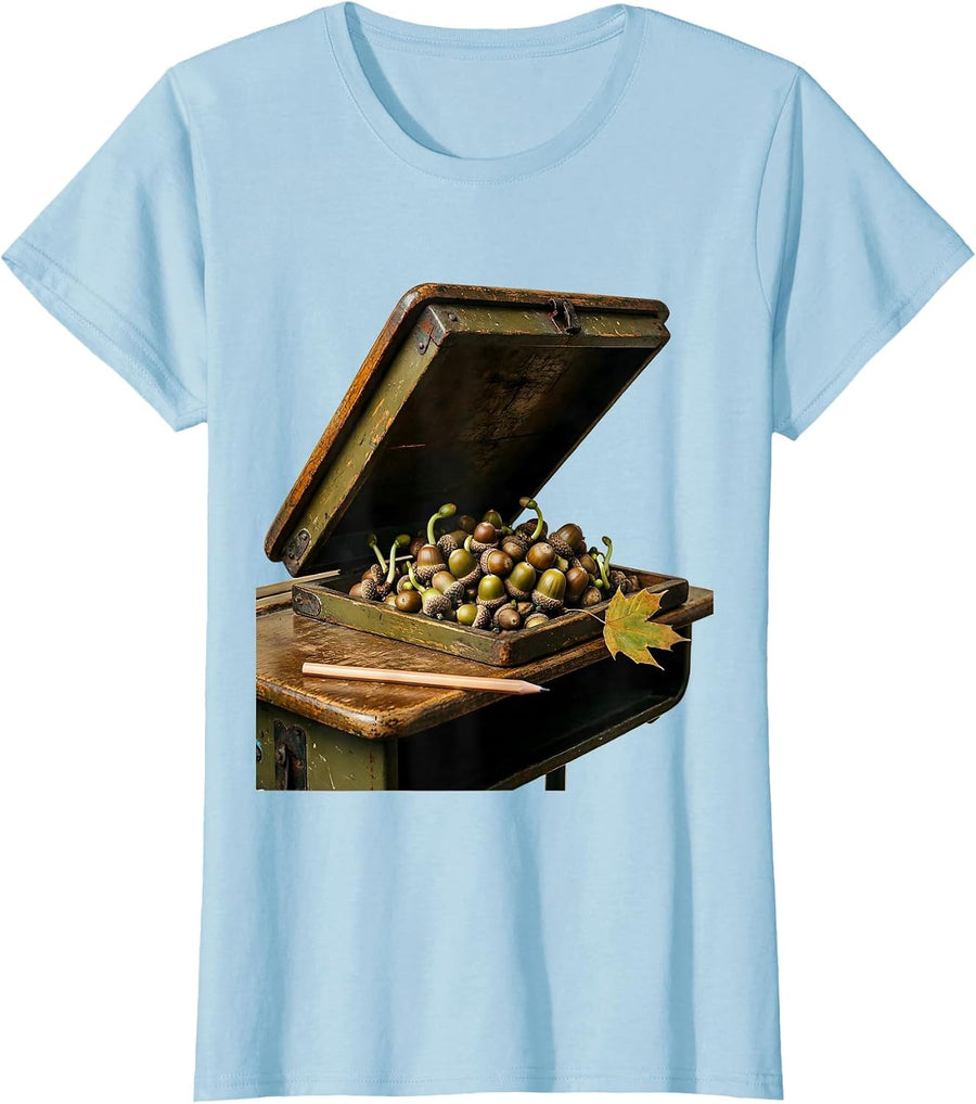 Women's Vintage School Desk Acorn Sprouts Teacher Fall Pride T-Shirt - Baby Blue