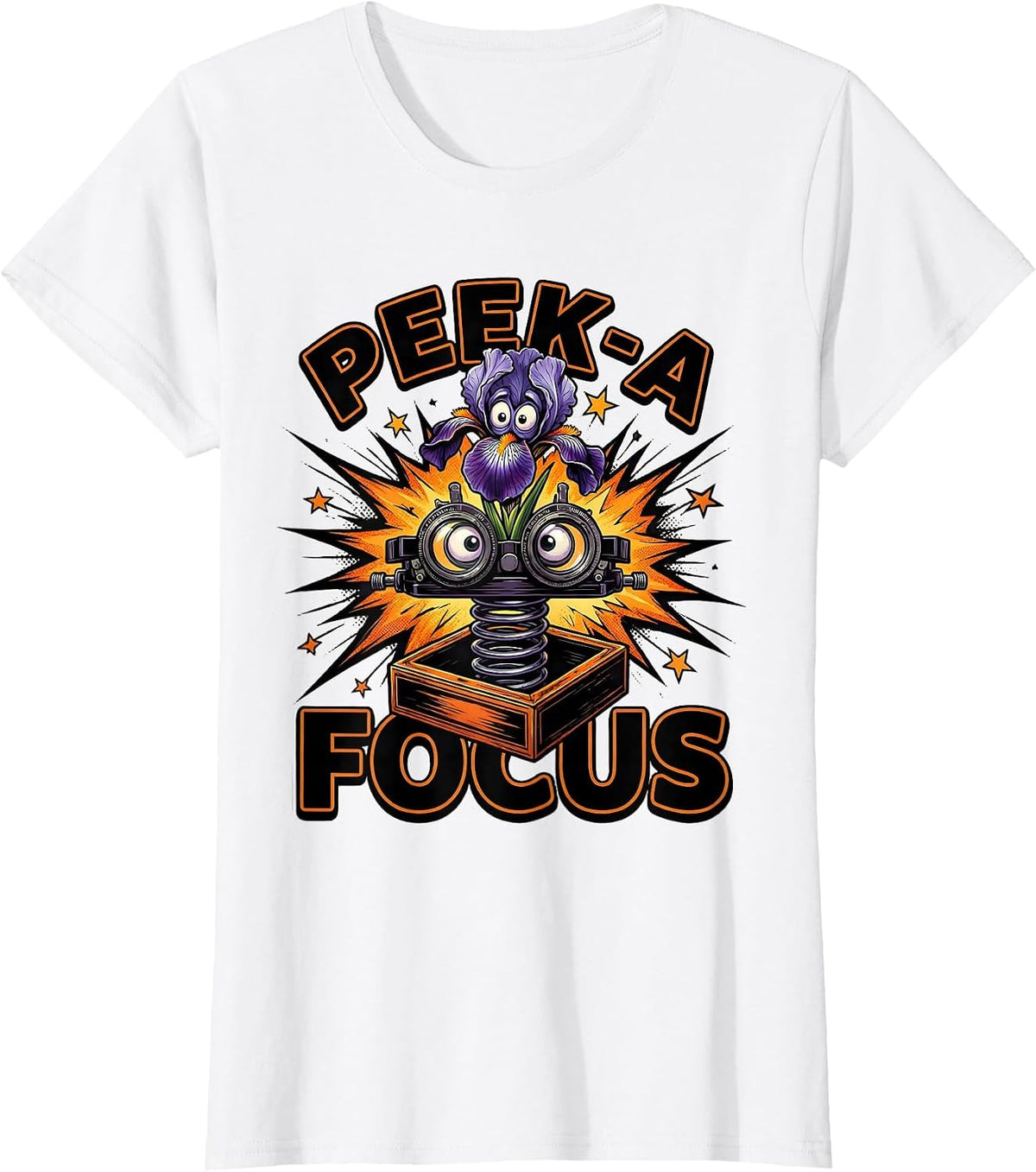 Women's Peek-a-Focus Comic Book Halloween Optometrist Eye Doctor T-Shirt - White
