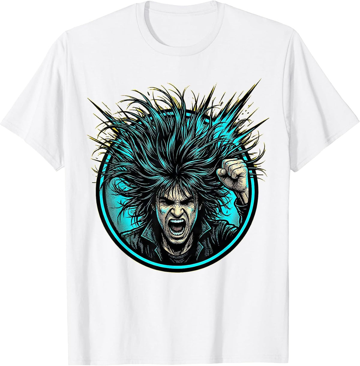 Men's Headbanging Rocker Wild Flying Hair Graphic T-Shirt - White