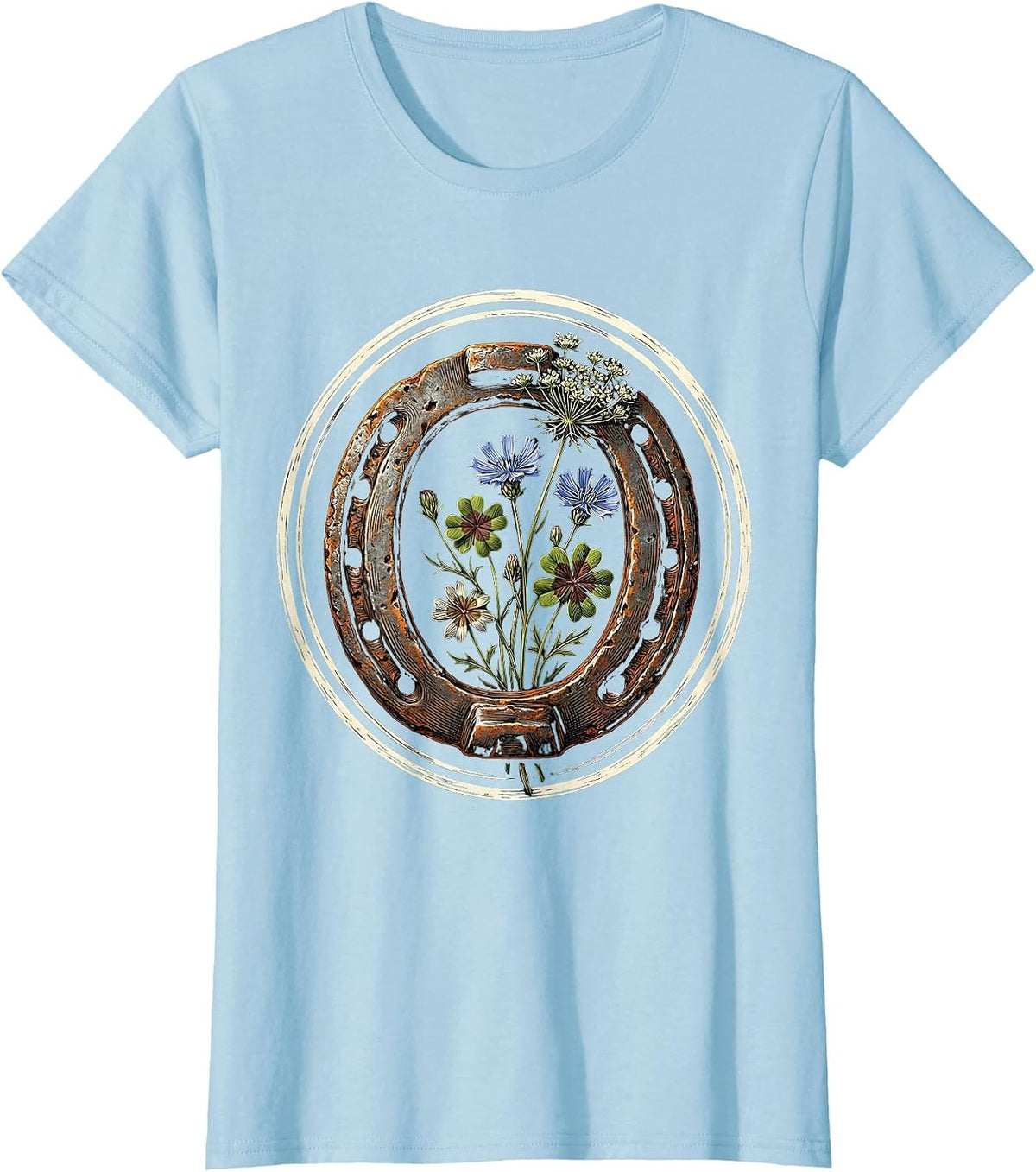 Horseshoe and Wildflowers Close-Up Graphic T-Shirt - Baby Blue