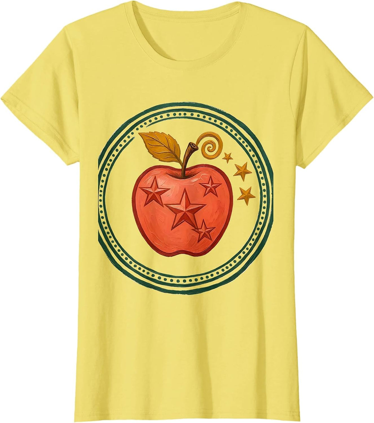 Whimsical Apple Folk Art Y2K Kawaii Grunge Teen T-Shirt - Lemon Yellow
