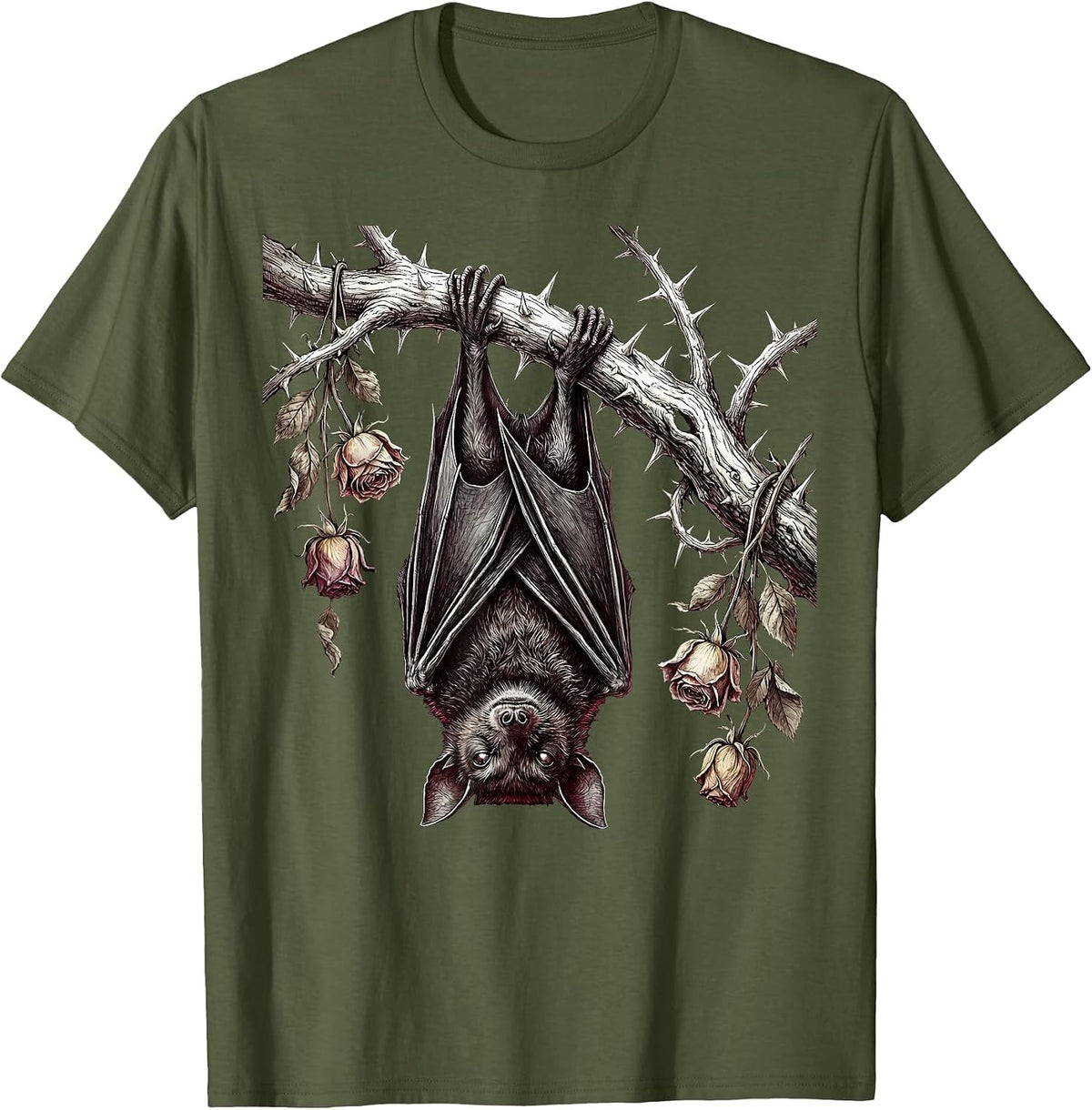 Emo Bat on Thorn Branch Gothic Illustration T-Shirt - Olive Green