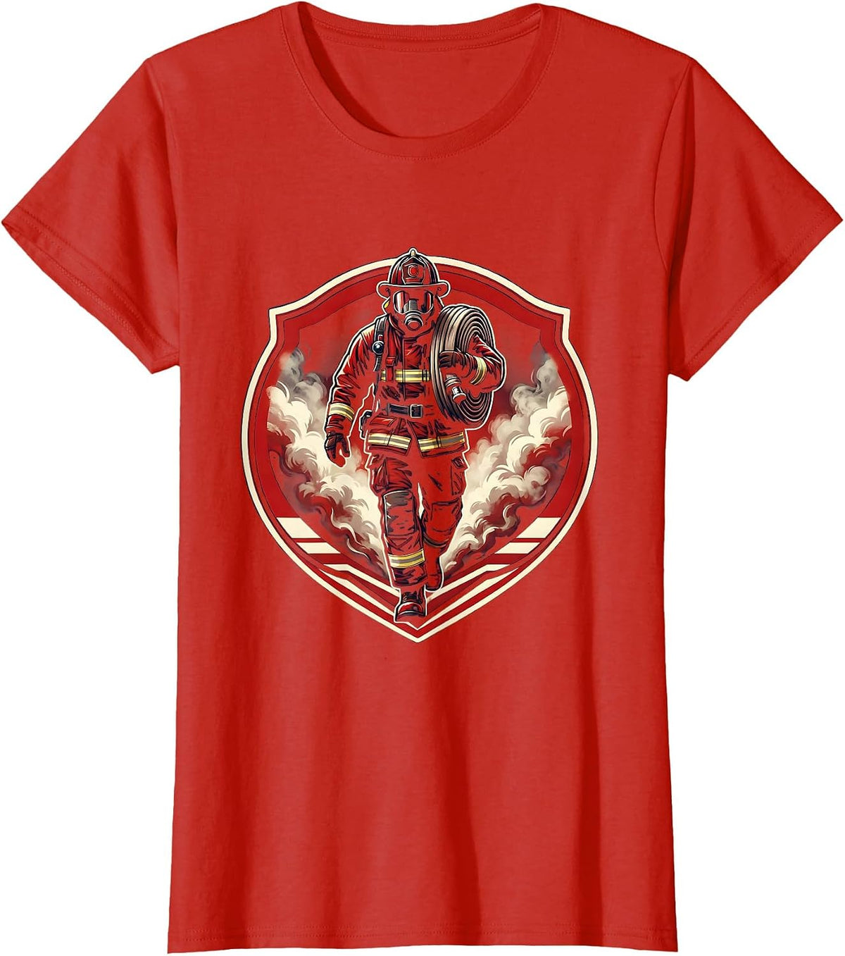 Firefighter Carrying Hose Through Smoke Clouds T-Shirt - Red