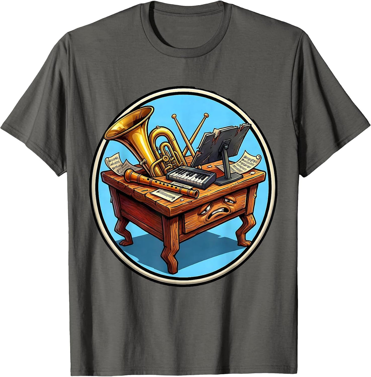 Music Teacher Worn Desk Instruments Graphic T-Shirt - Asphalt Grey