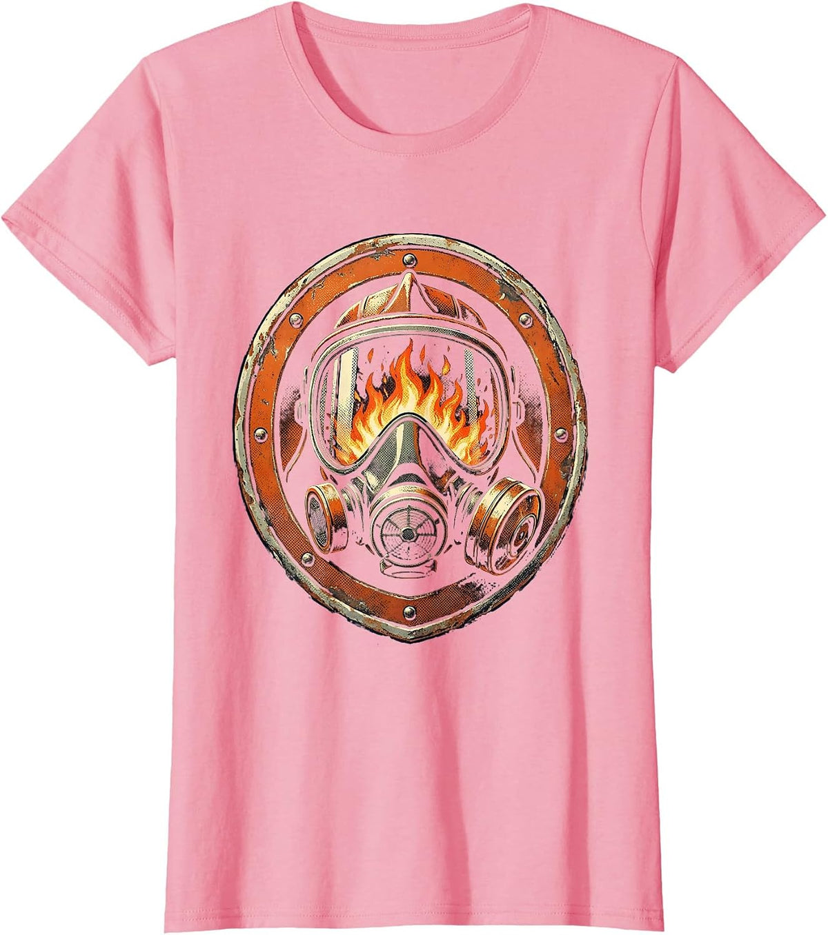 Women's Firefighter Mask Flames Reflected in Visor Graphic T-Shirt - Pink