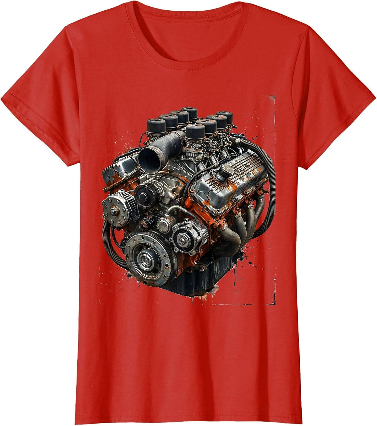 Women's Vintage Engine Block Chrome Detail Illustration T-Shirt - Red