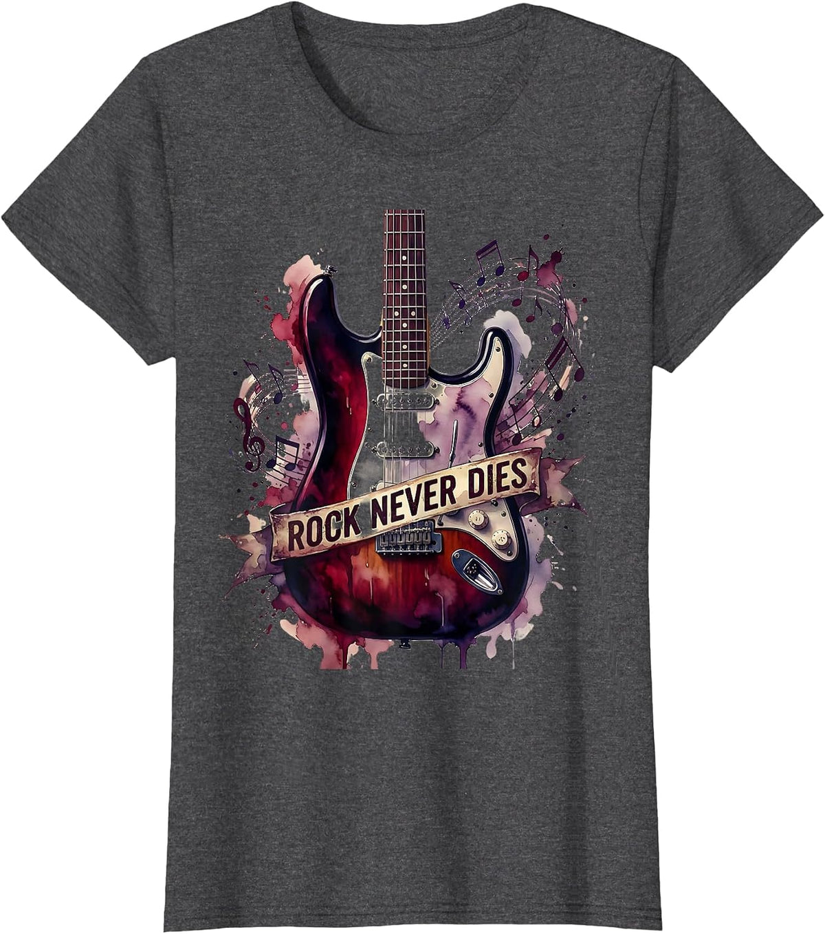 Women's Rock Never Dies Bold Rockstar Graphic Design T-Shirt - Dark Heather Grey