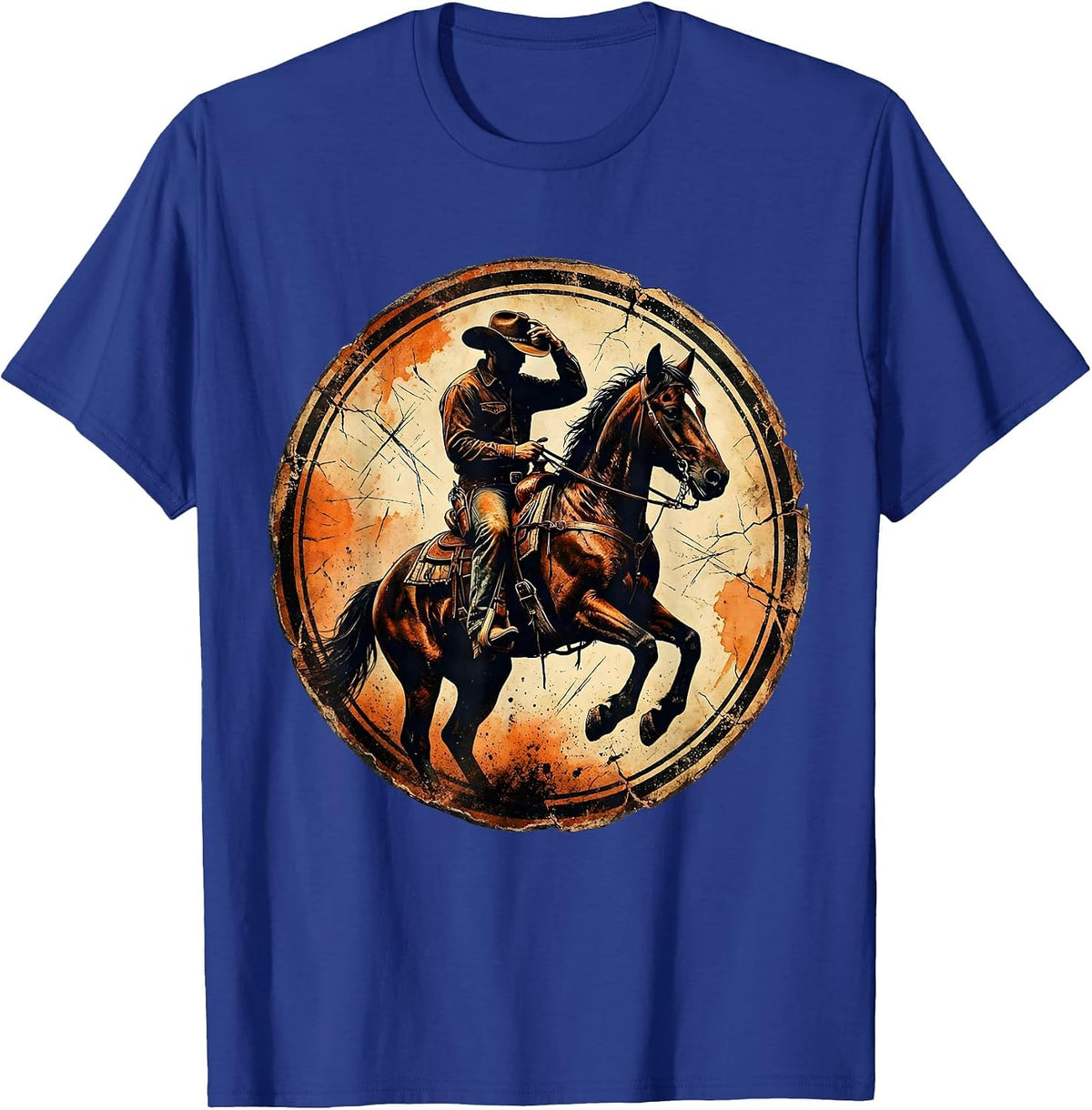 Young Cowboy Tipping Hat on Horseback Illustration T-Shirt - Royal Blue