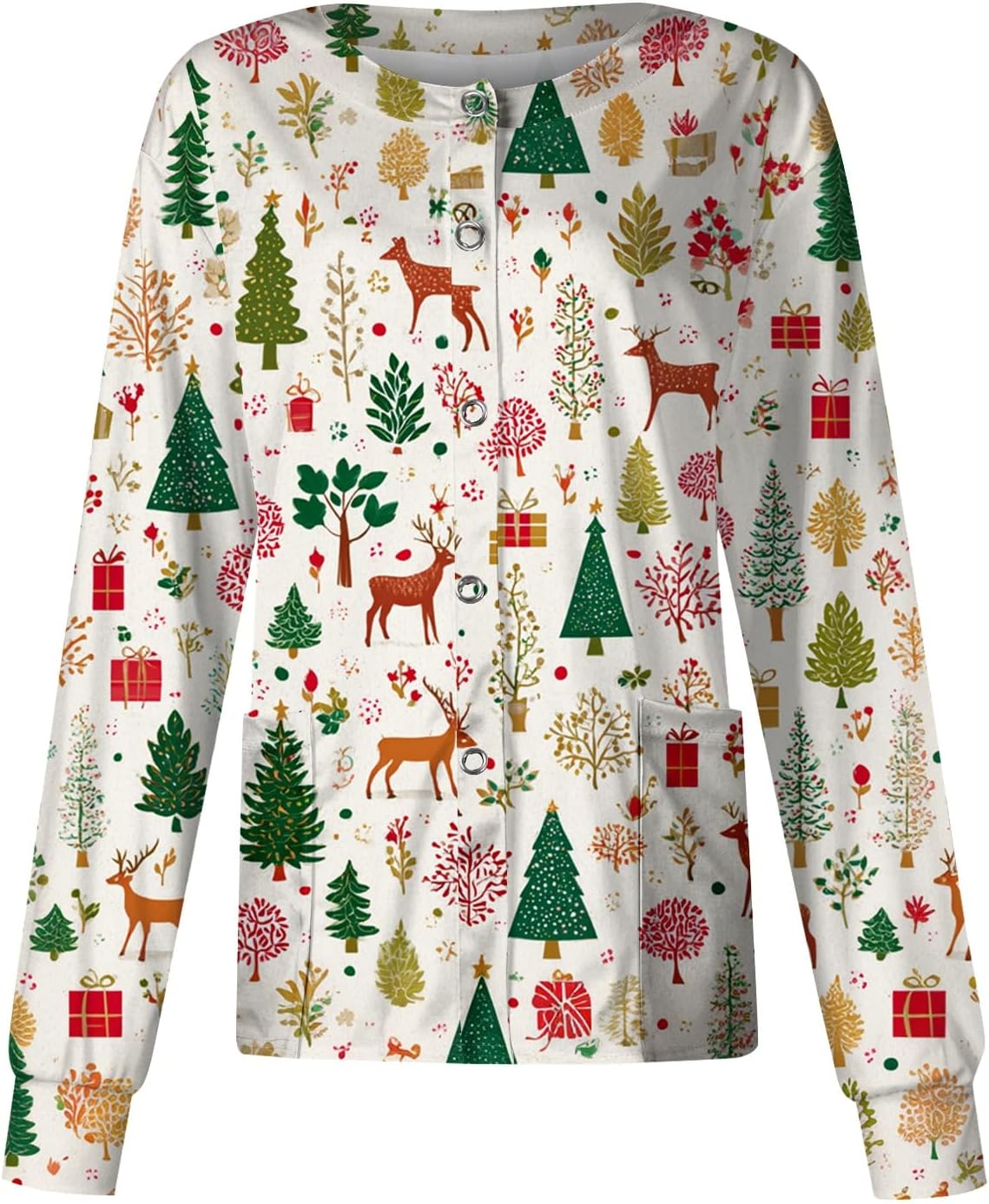 Scrubs for Women Christmas Scrub Jacket Long Sleeve Snap Front Work Uniform - 26ch03-light Green