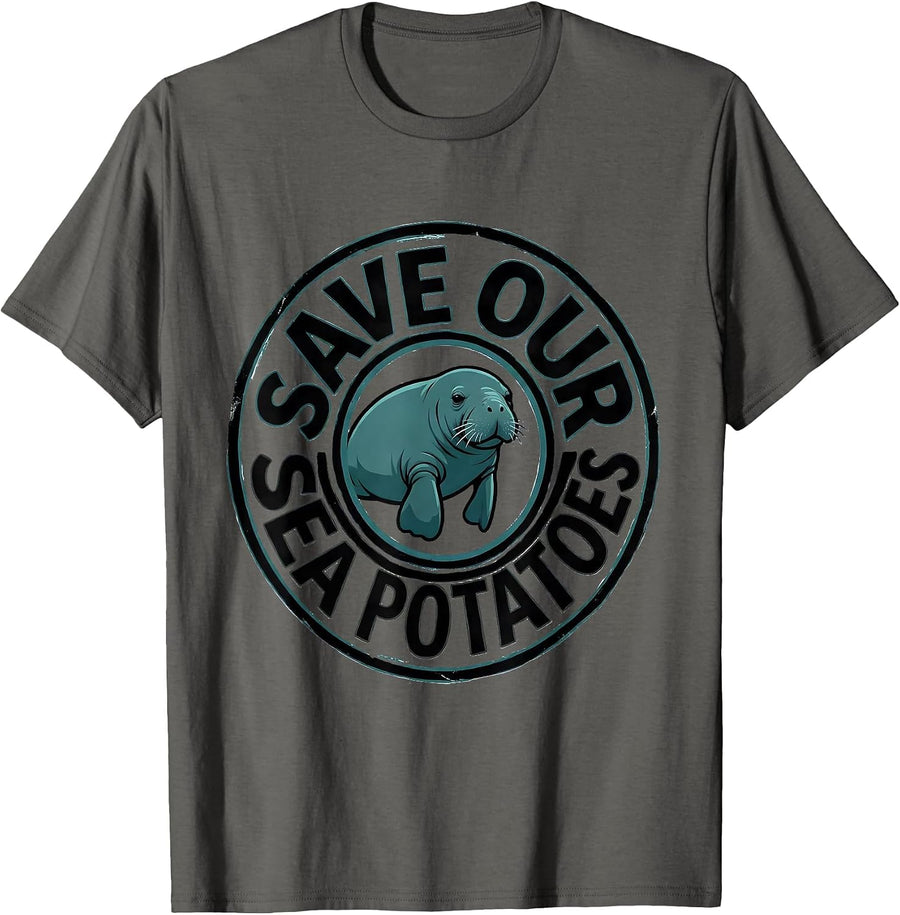 Save Our Sea Potatoes Funny Manatee Sea Cow Animal Lover T-Shirt - Asphalt Grey