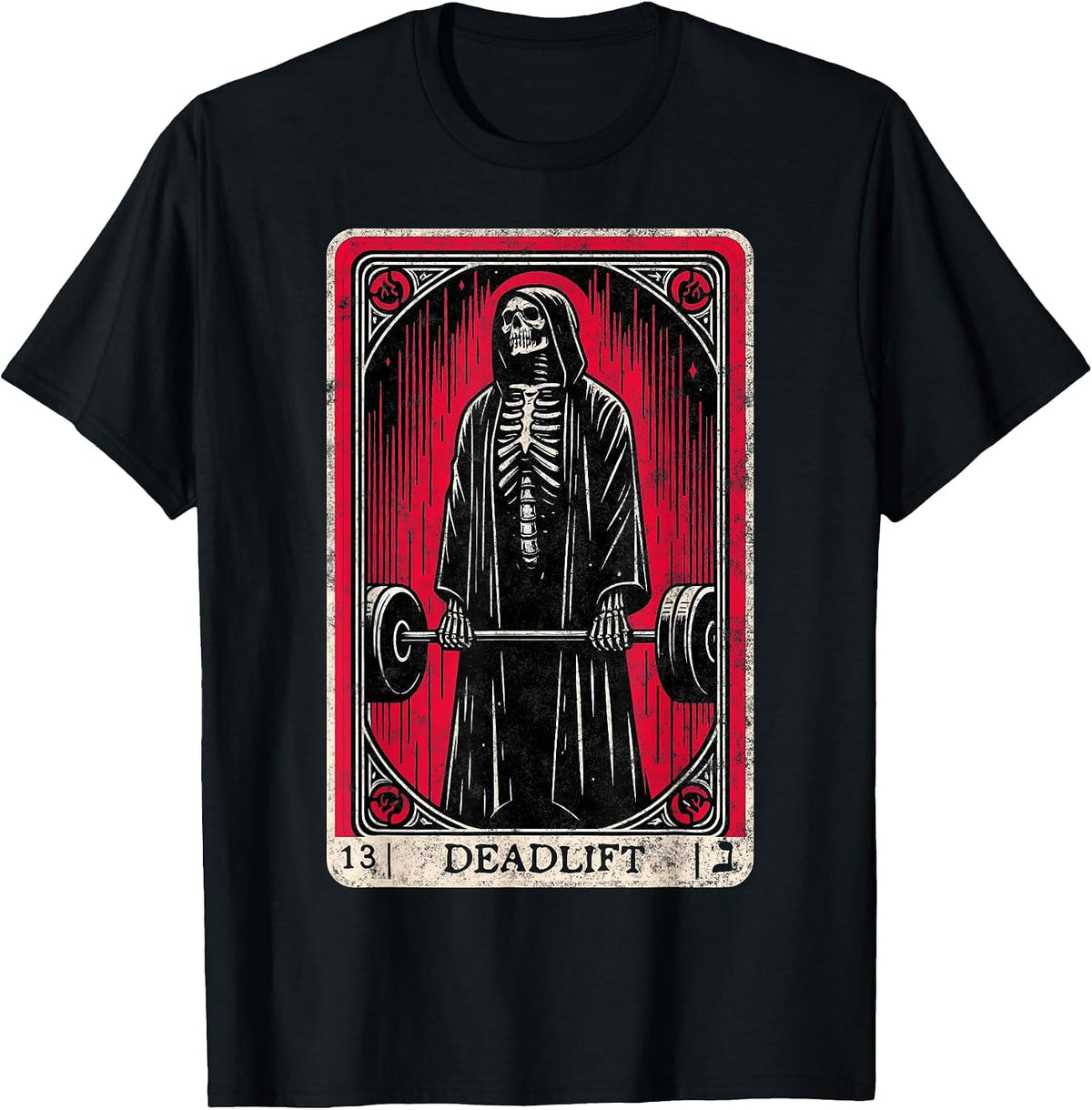 Vintage Deadlift Skeleton Tarot Card Weightlifting Gym T-Shirt - Black