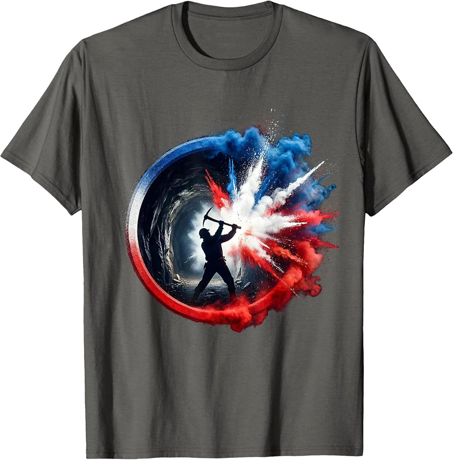 Miner With Pickaxe at Mountain Mine Entrance T-Shirt - Asphalt Grey