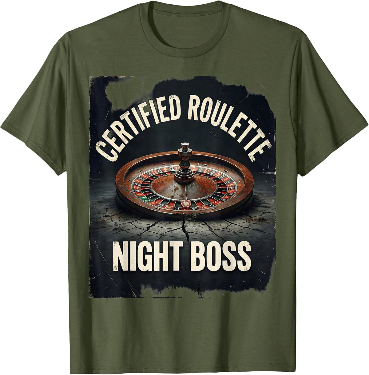 Men's Certified Roulette Night Boss Distressed Gambling Casino T-Shirt - Olive Green