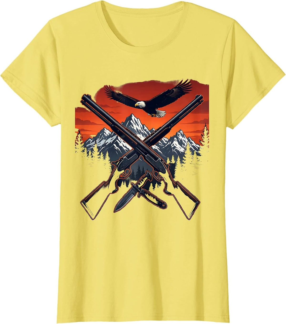 Patriotic Shotgun and Hunting Knife Crossed T-Shirt - Lemon Yellow