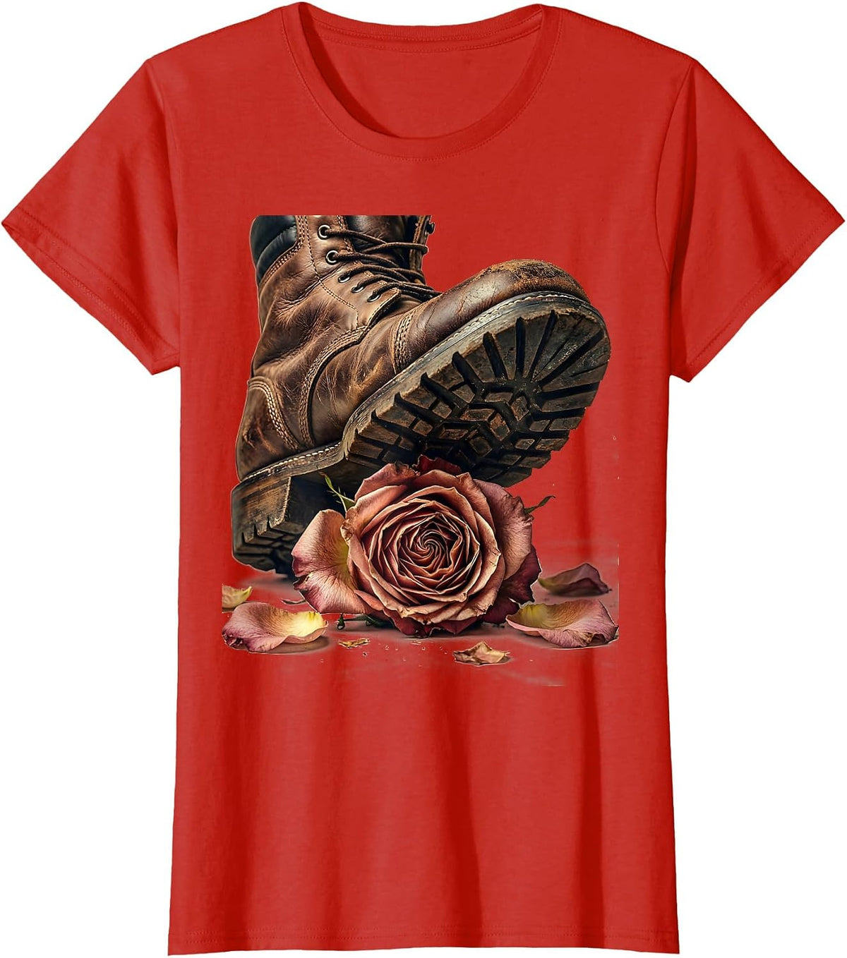 Grunge Boot Crushing Rose Graphic Design T-Shirt - Red