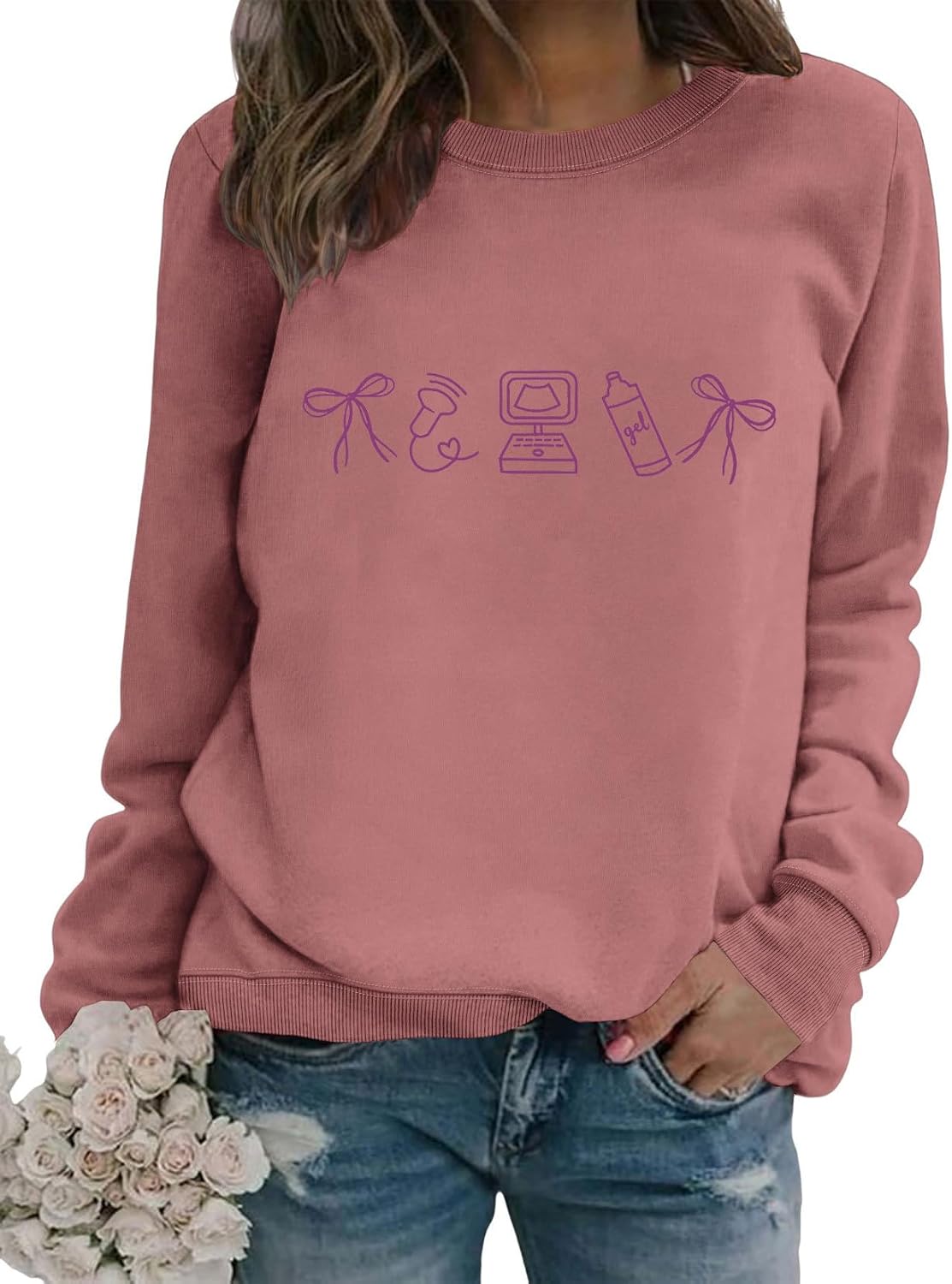Women's Sonographer Ultrasound Tech Sweatshirt Cute Bow Graphic Pullover Crew Neck Loose Long Sleeve Soft Tops - Pink