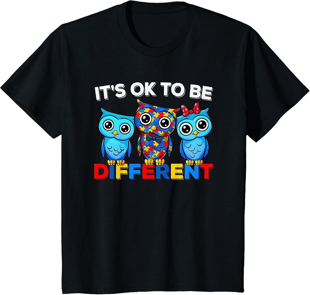 Autism Awareness Cute Owl Animal It's Ok to Be Different T-Shirt - Black