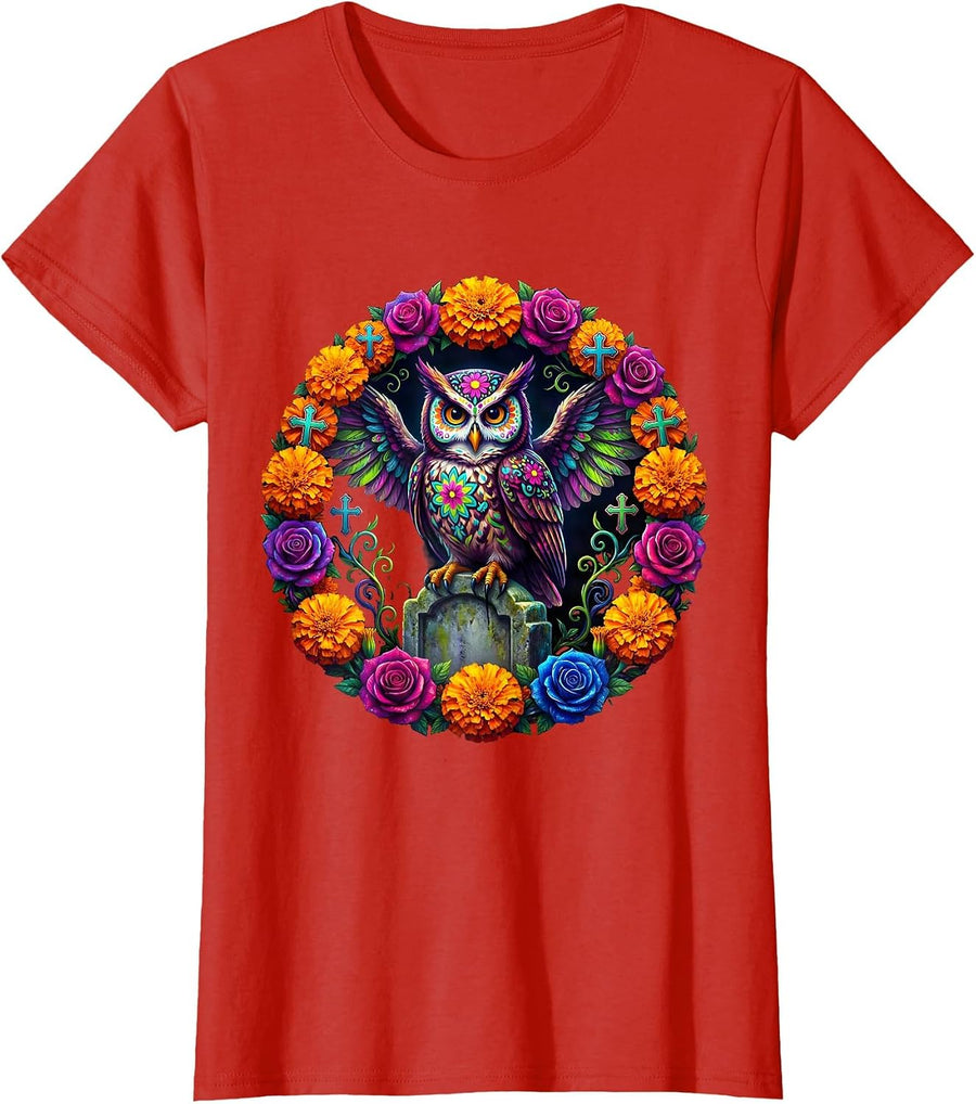 Women's Day of the Dead Owl on Gravestone Design T-Shirt - Red