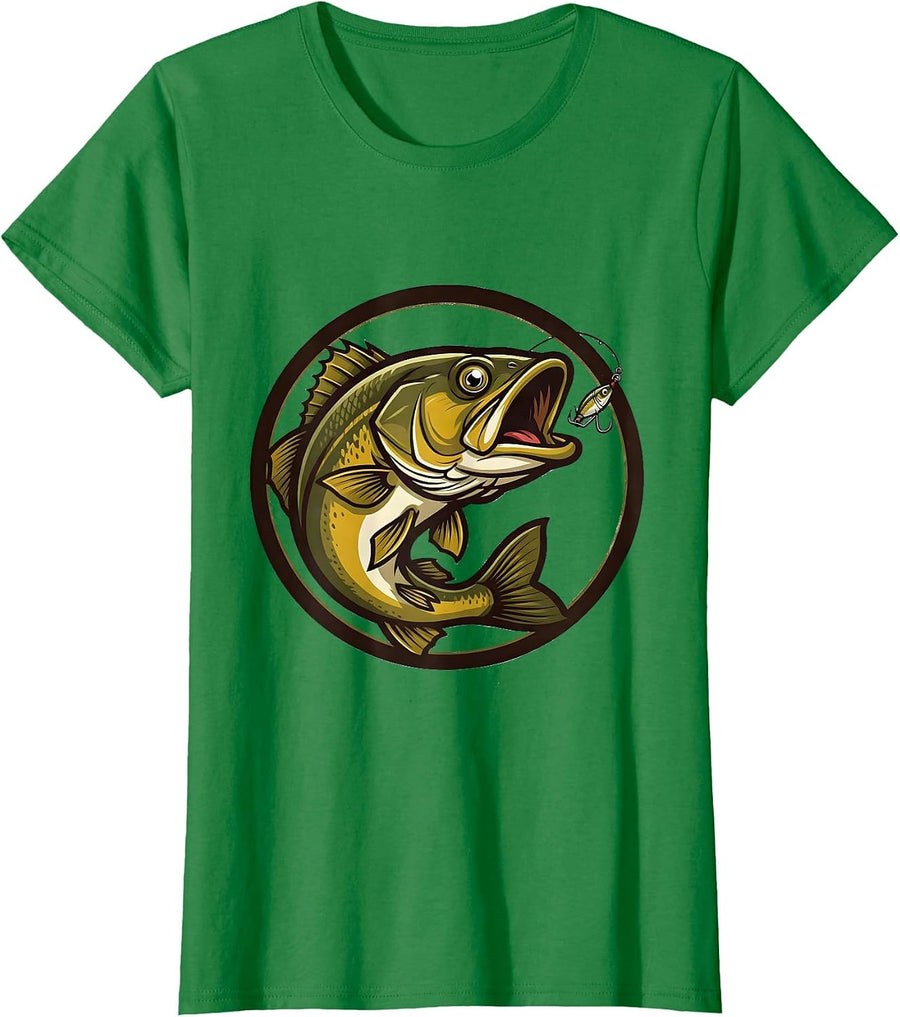 Women's Bold Largemouth Bass Mascot Fishing Humor Kids Men T-Shirt - Kelly Green