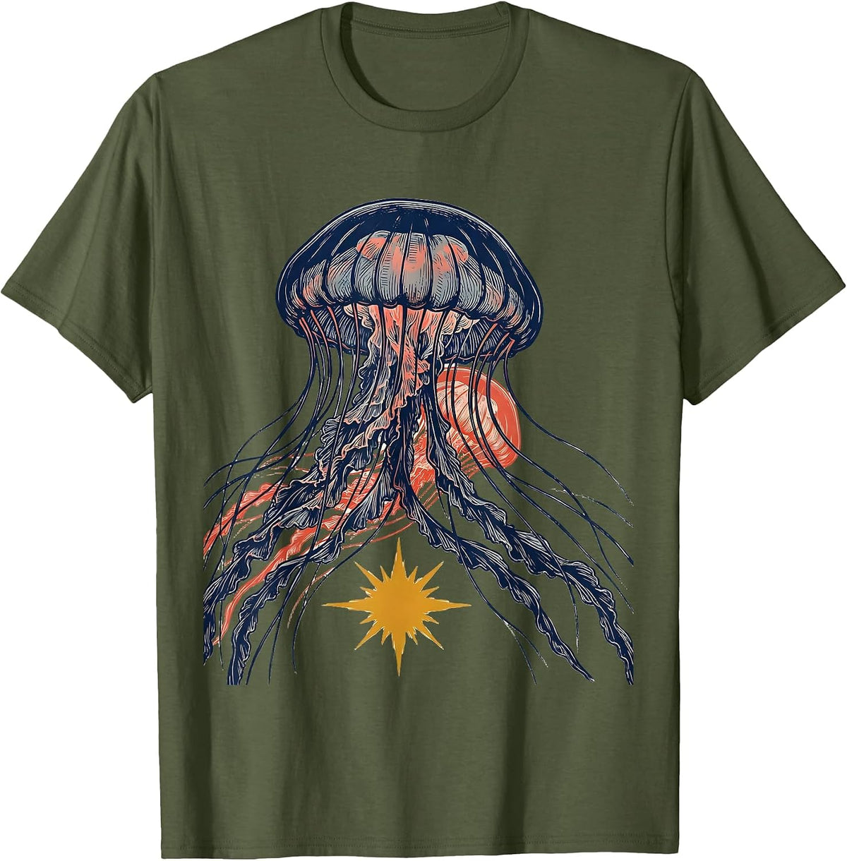 Jellyfish Sign Painter Ocean Creature Novelty T-Shirt - Olive Green