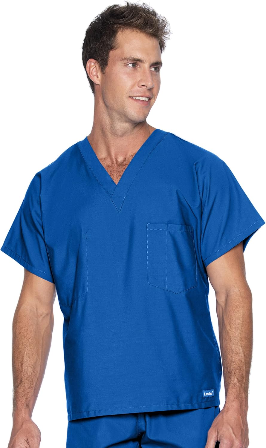 Landau Essentials Unisex Relaxed Fit 1-Pocket V-Neck Scrub Top 7502 Galaxy Blue - As Pictured