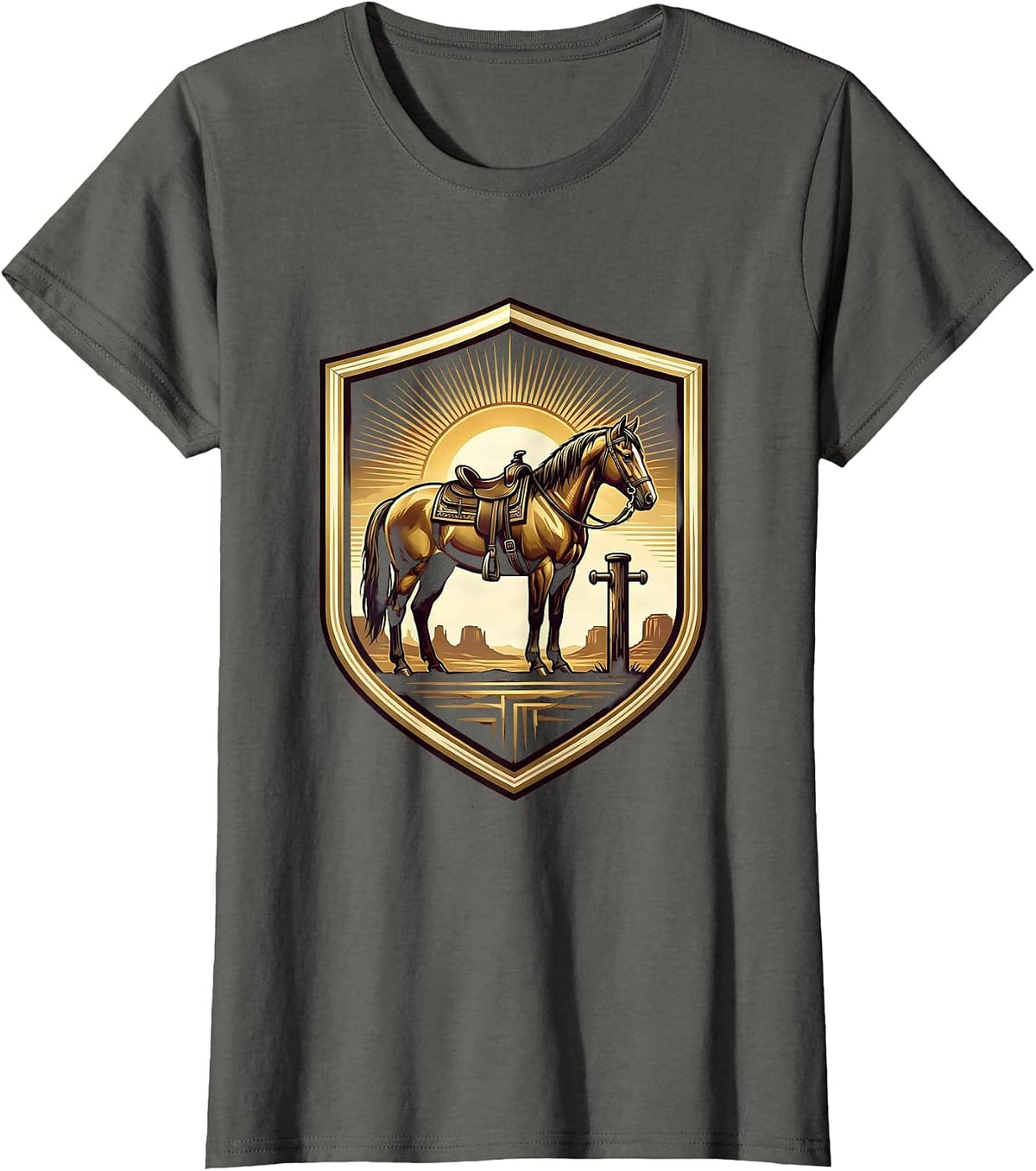 Women's Black Cowboy Saddled Horse Desert Saloon Dusk T-Shirt - Asphalt Grey