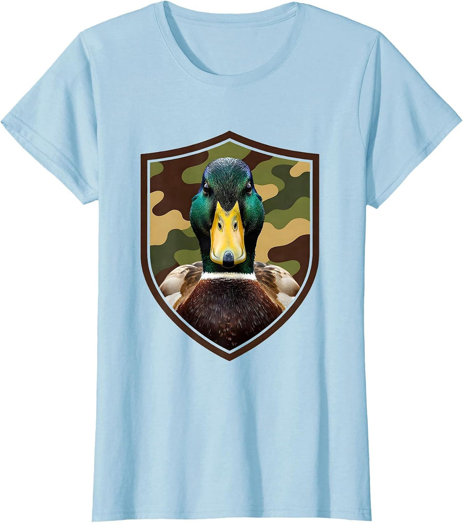 Women's Mallard Duck Shield Camo Hunting Youth Humor T-Shirt - Baby Blue