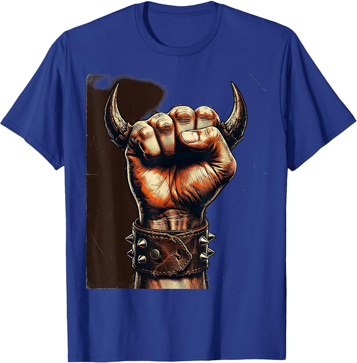 80s Rock Devil Horns Fist Raised Graphic T-Shirt - Royal Blue