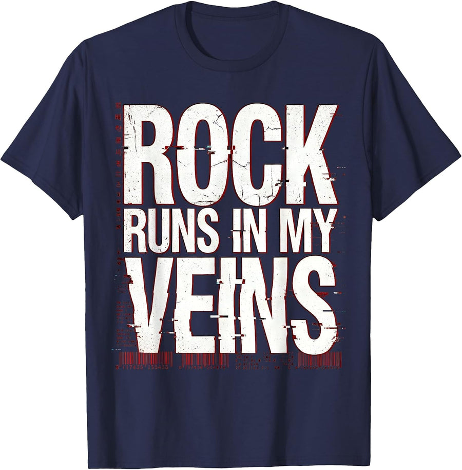 Rock Runs In My Veins Music Lover Design T-Shirt - Navy Blue